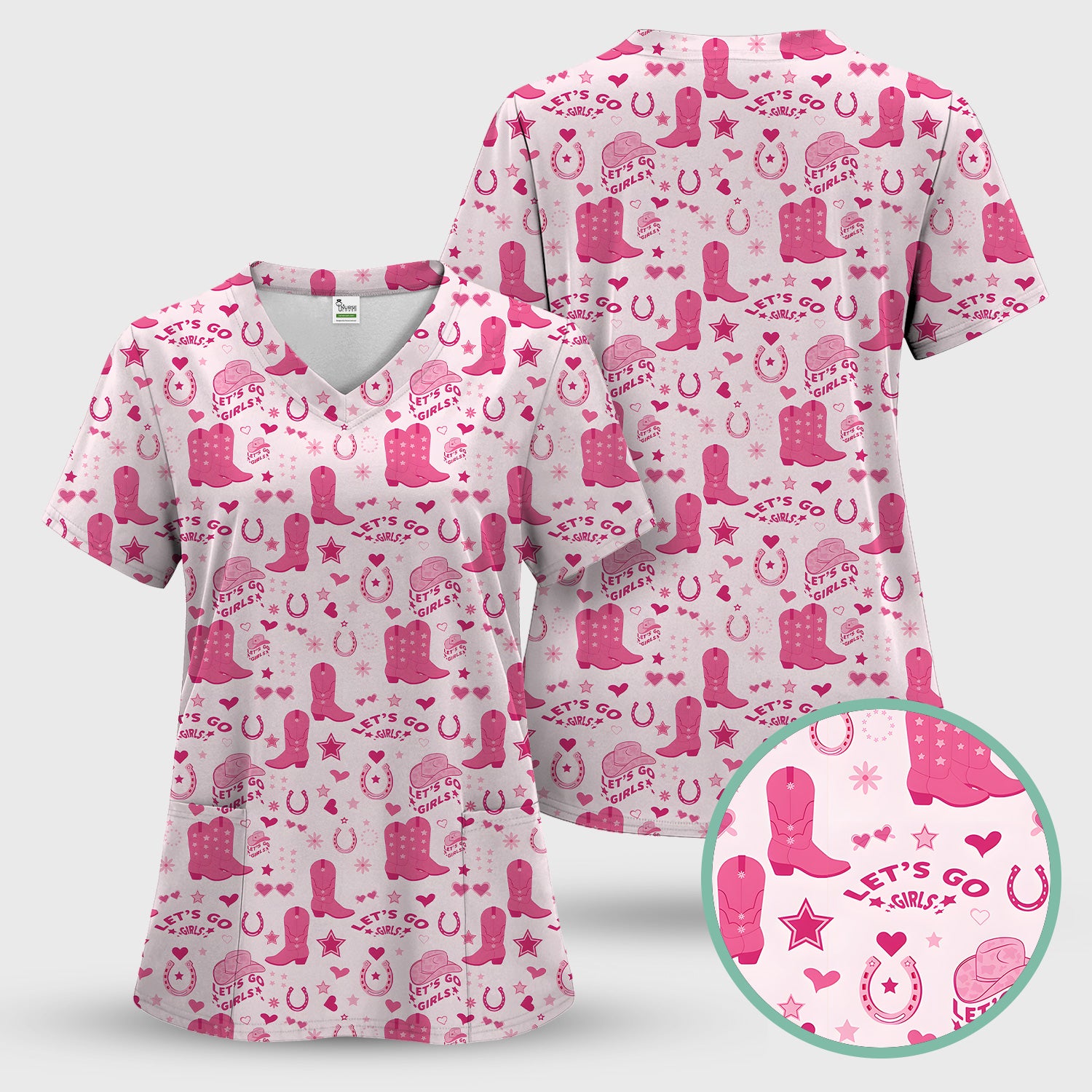 Pink Cowgirl Boots Print Scrub Top, Comfortable Scrubs for Nurses