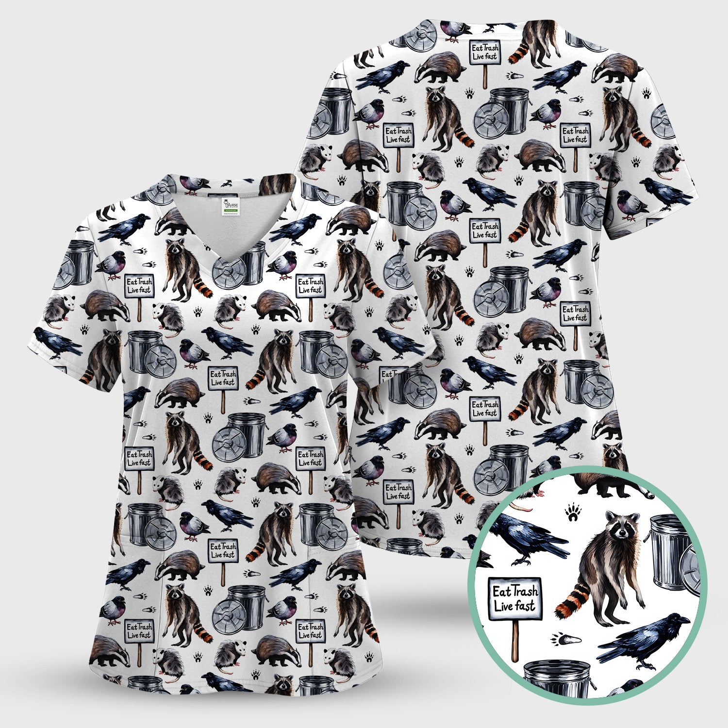 Raccoon And Opossum Eat Trash Live Fast Scrub Top, Breathable Fabrics Nursing Uniform