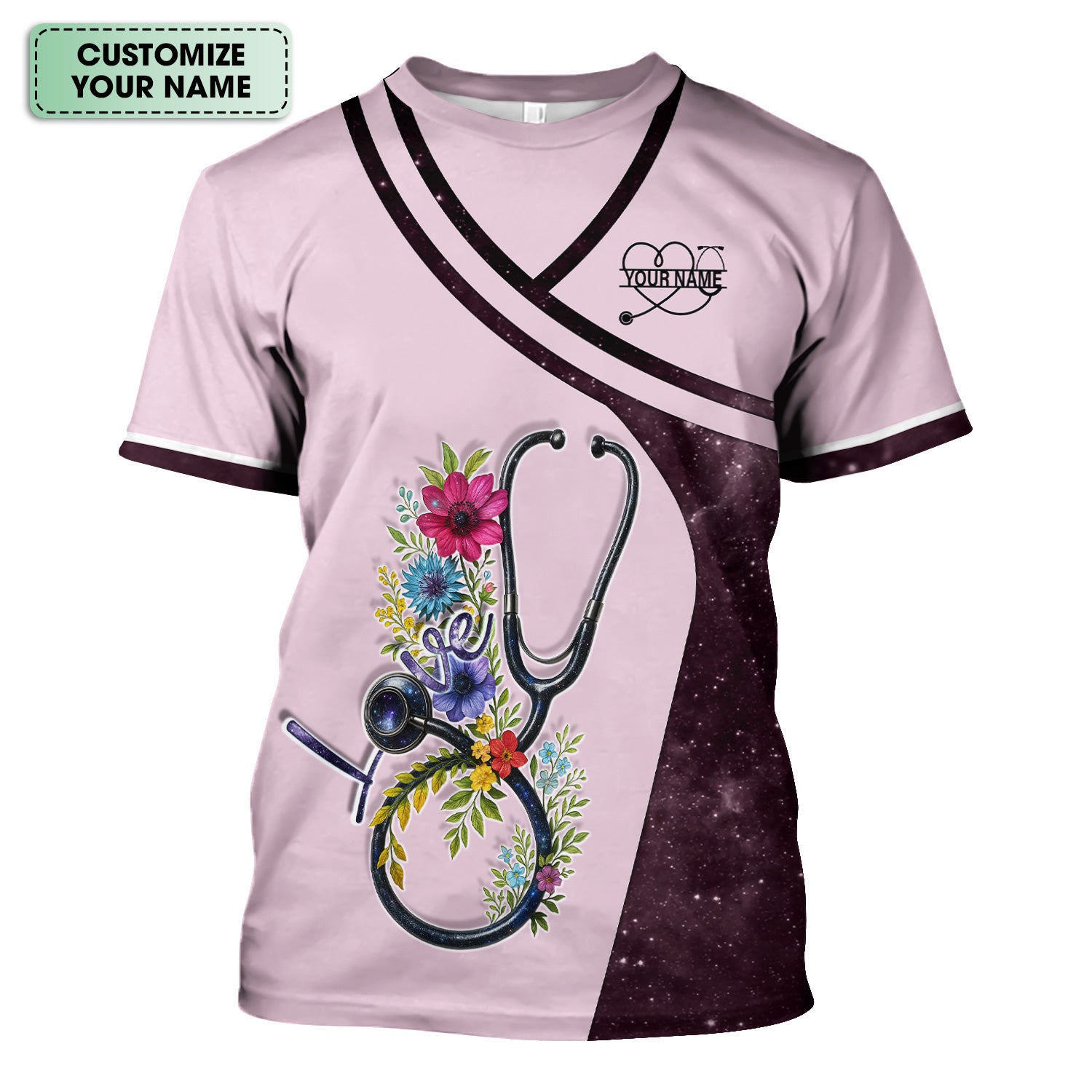 Custom Nurse Love T-Shirt - Floral Stethoscope & Galaxy Design - Personalized Gift for RN LPN CNA Healthcare Professionals