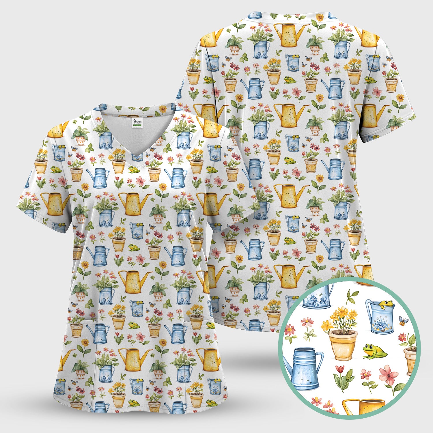 Watering Can and Flower Pot Garden Scrub Set, Scrub Pants and V Neck Top