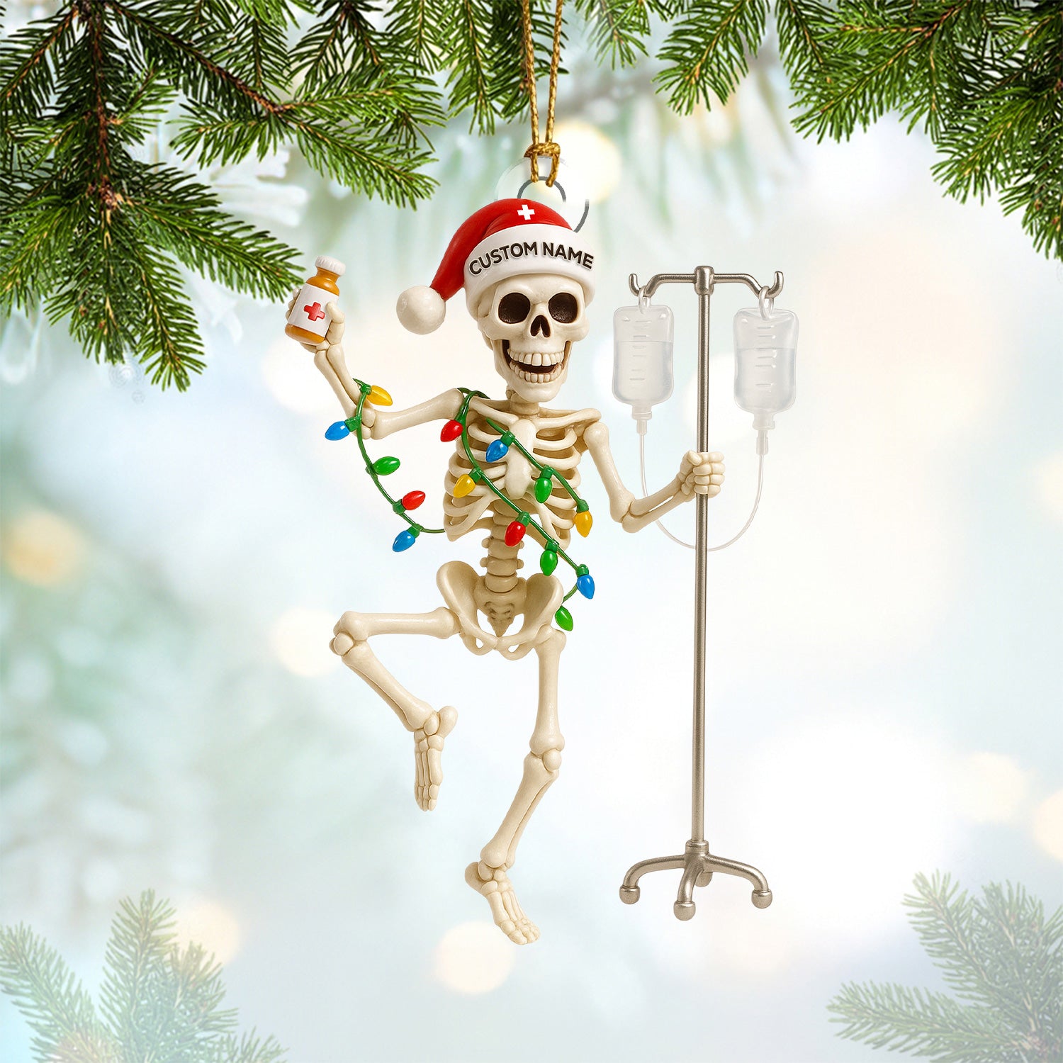 Personalized Skeleton Nurse Christmas Ornament – Funny Medical IV Pole Holiday Decor – Custom Name Dancing Skeleton Tree Ornament for Nurses & Healthcare Workers