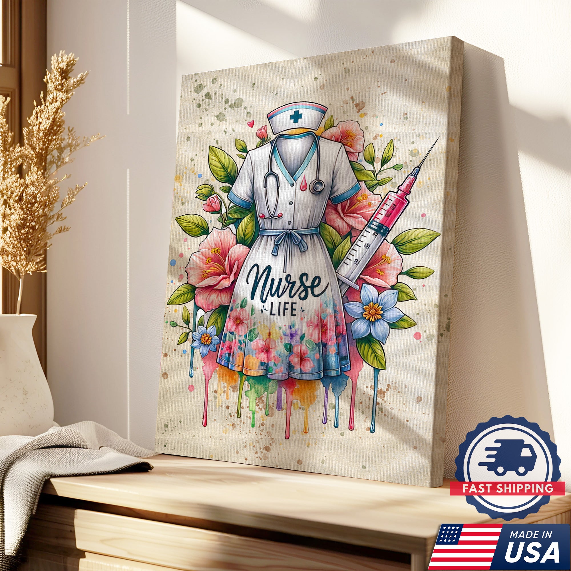 Nurse Life Canvas Art, Floral Nurse Dress Wall Decor, Nurse Graduation Gift for CNA RN LPN