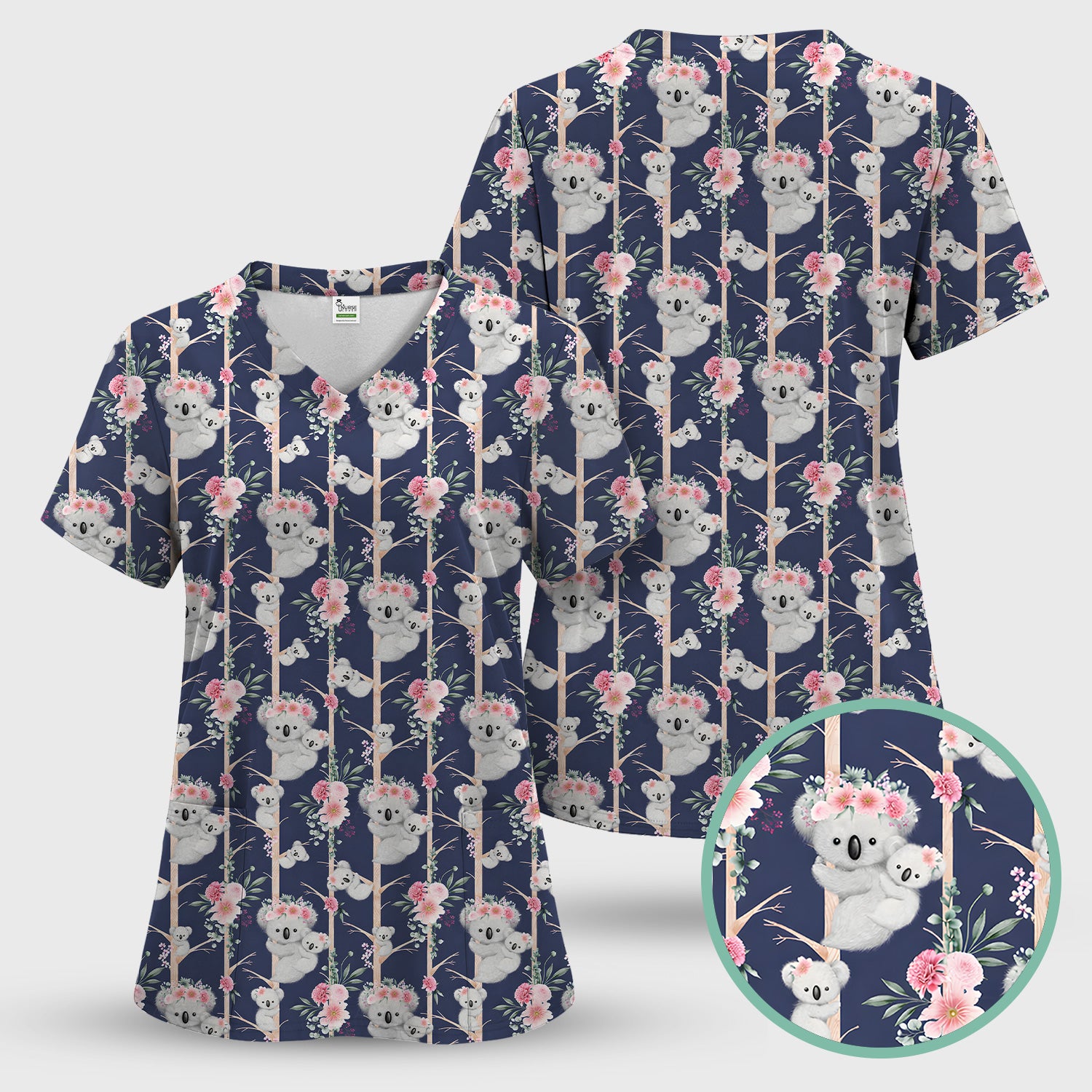 Cute Koala Climbing Tree Blossom Pattern Nurse Scrub Set, Scrub Pants and V Neck Top