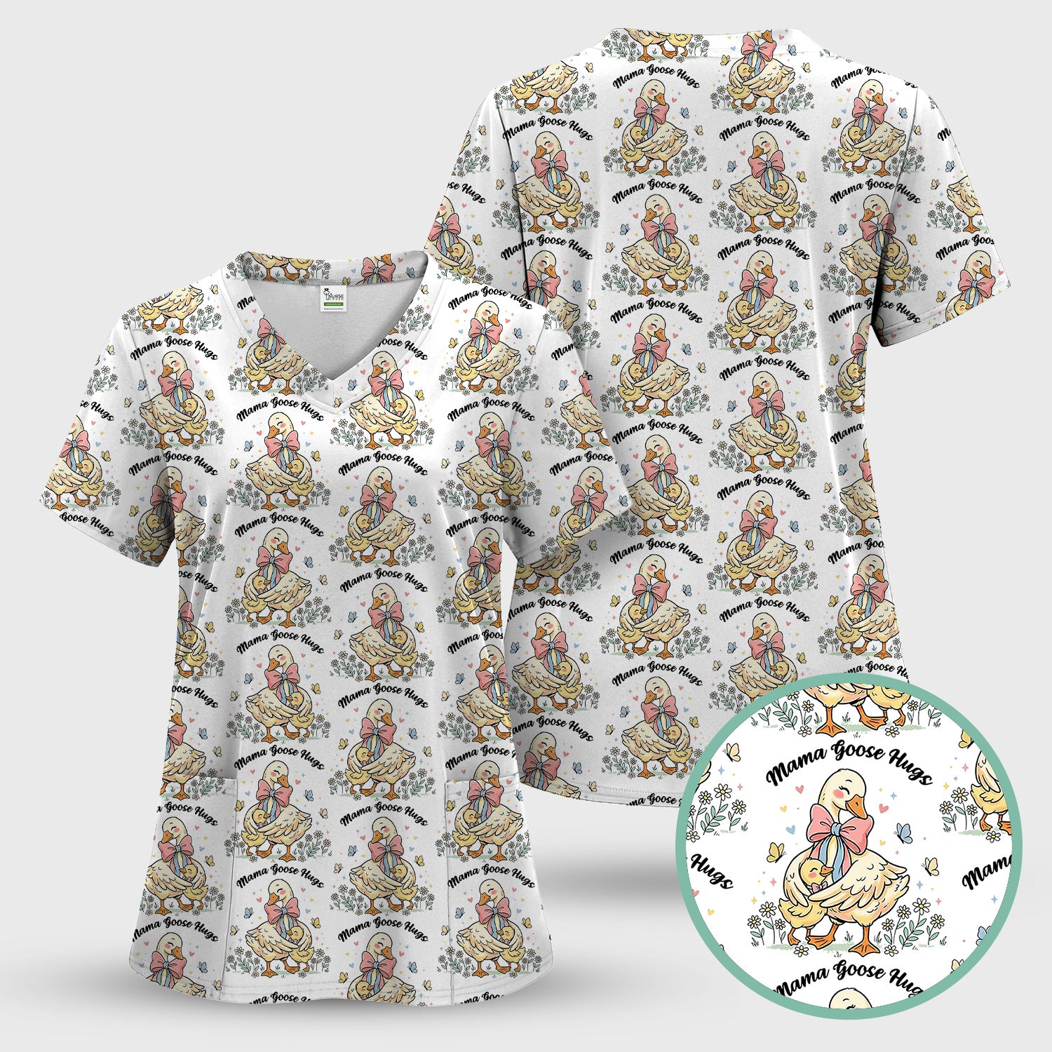 Cute Mama Goose Hug Pattern Scrub Top, Comfortable Scrubs For Nurses