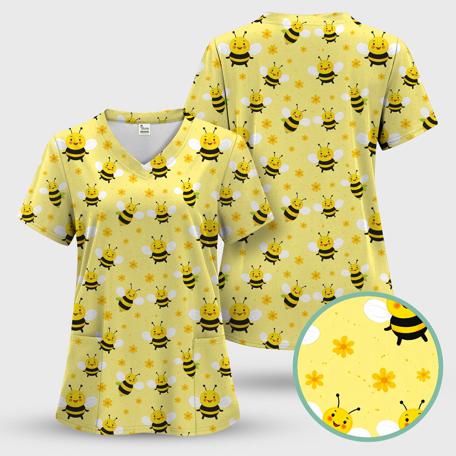 Cute Smiling Bee Yellow Floral Print Scrubs, Comfortable Scrubs for Nurses