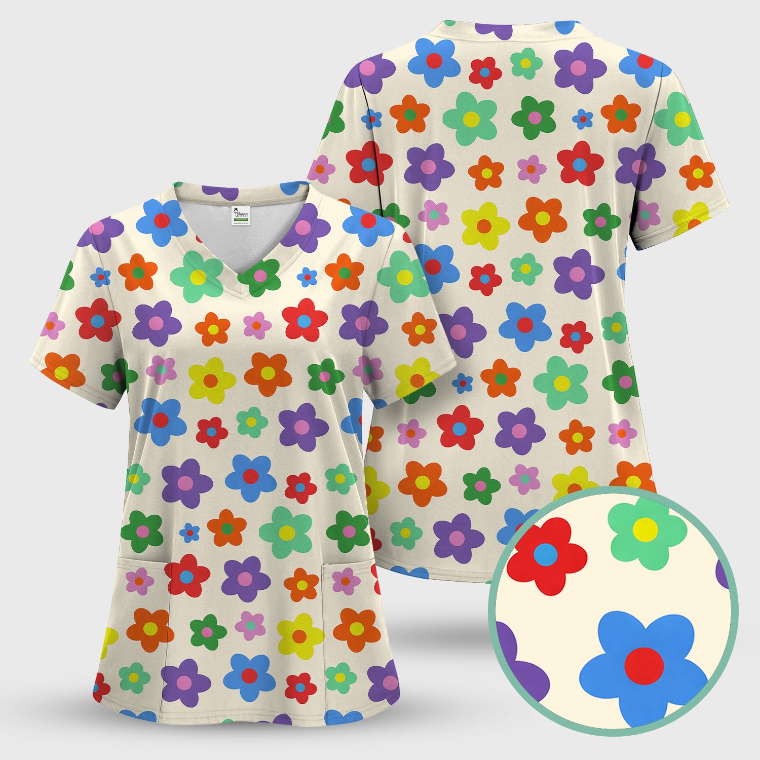 Colorful Retro Flower Pattern Print Scrub Top, Breathable Fabrics Nursing Uniform