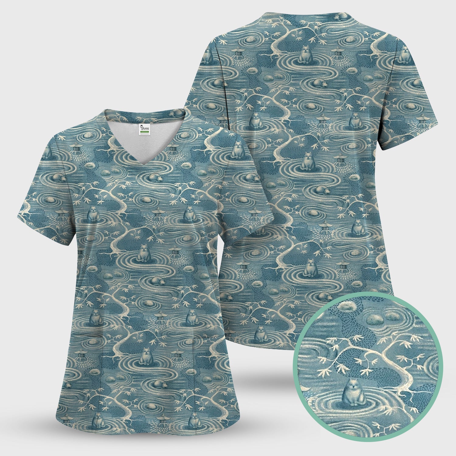 Zen Cat Water Garden Pattern  Scrub Top, Breathable Fabrics Nursing Uniform
