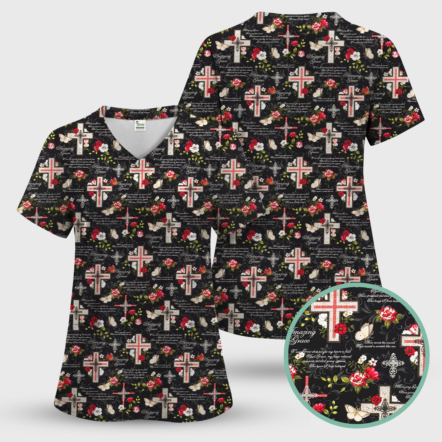 Christian Cross Roses And Butterflies Print Scrub Top, Comfortable Scrubs for Nurses