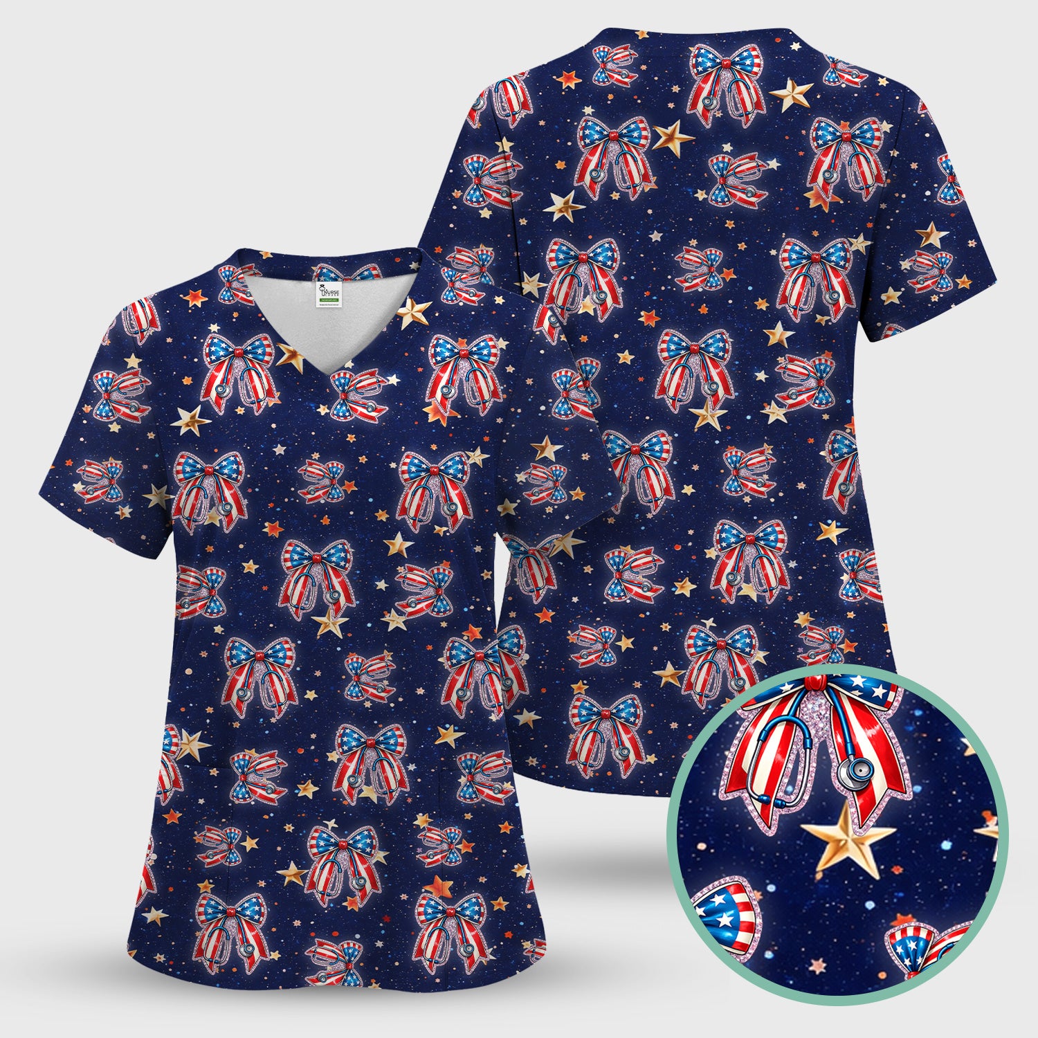 Patriotic Bow Star Print Women's Scrub Set, Breathable Med Uniform