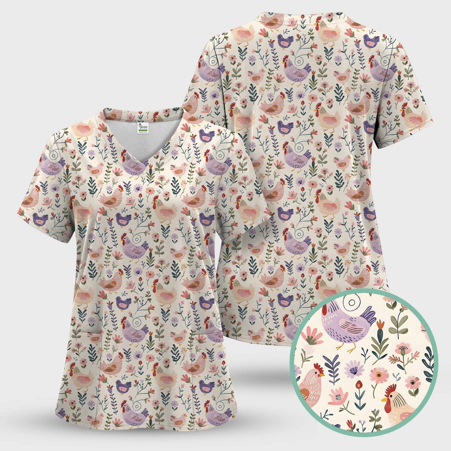 Cute Farm Chicken Floral Garden Pattern Scrub Top, Comfortable Scrubs for Nurses