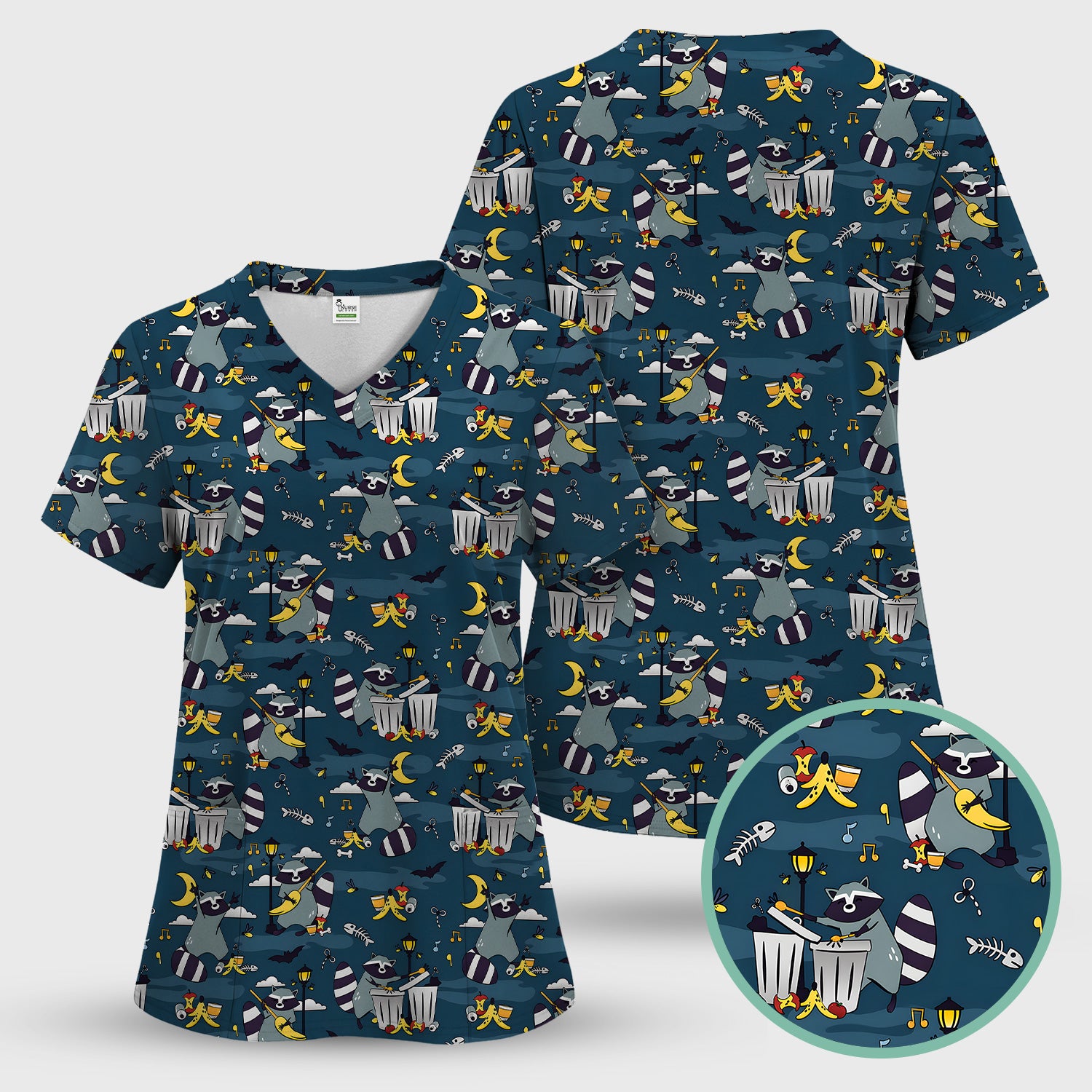Raccoon Night Trash And Banana Peel Scrub Set, Scrub Pants and V Neck Top