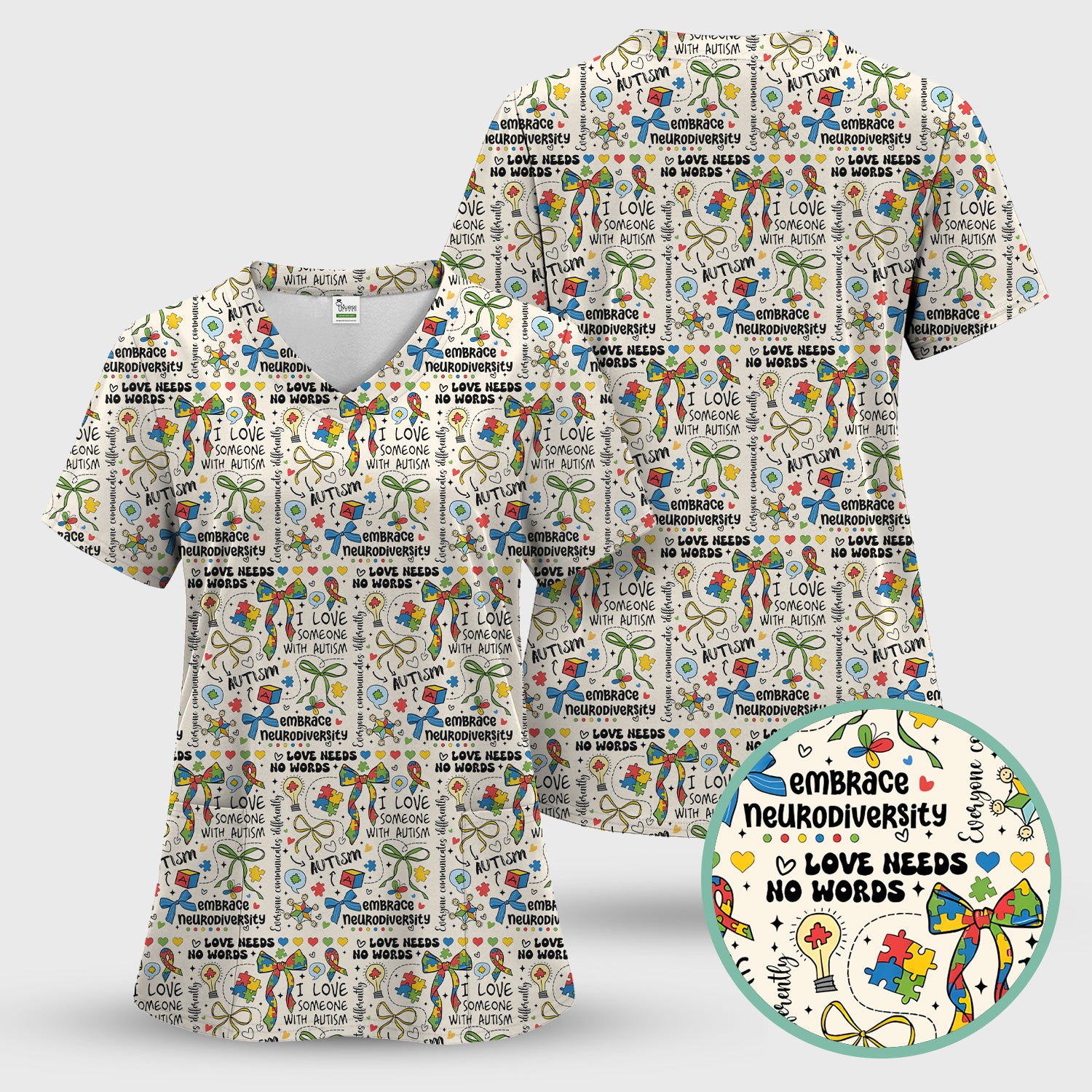 Autism Awareness Puzzle Ribbon Pattern Scrub Set, Scrub Pants and V Neck Top