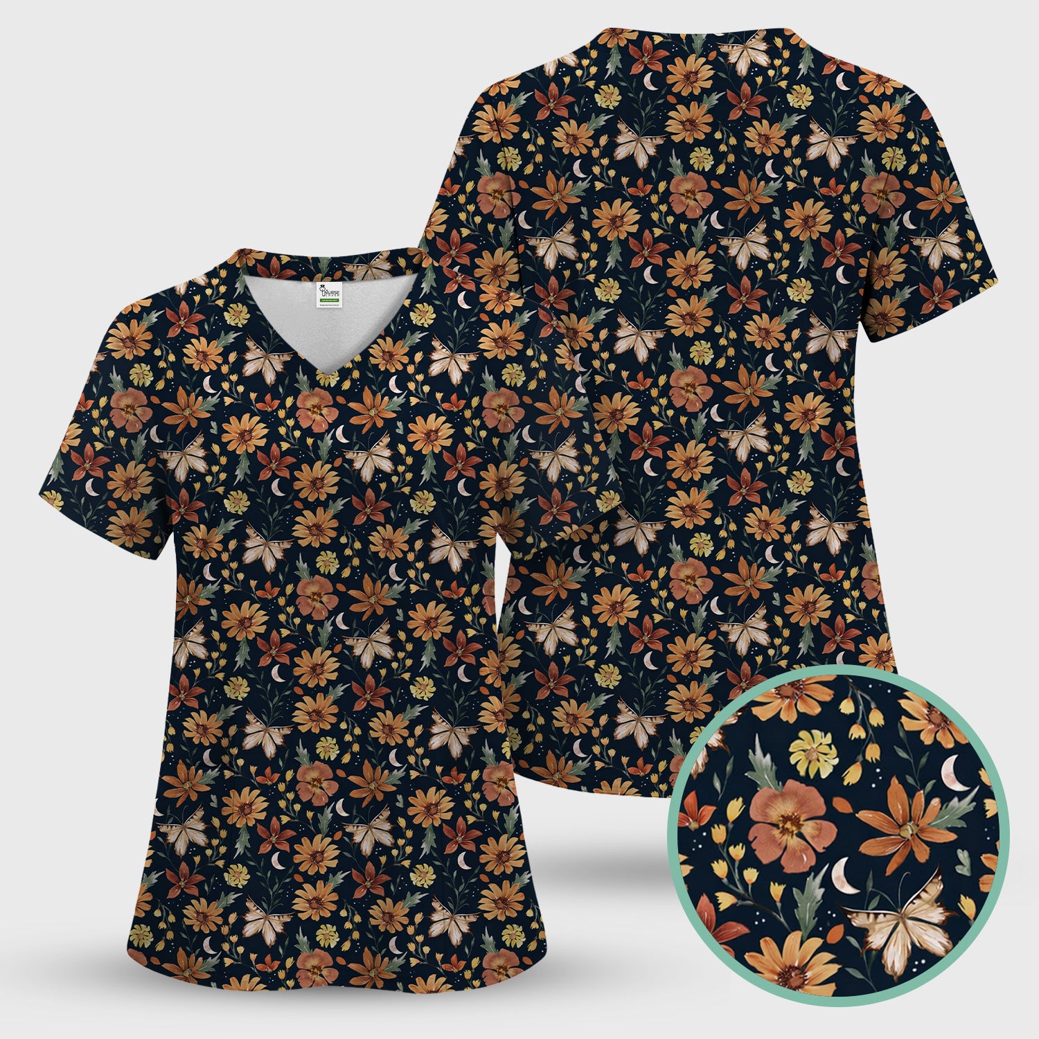 Charming Autumn Floral Butterfly Moon Pattern Scrub Set, Scrub Pants and V Neck Top