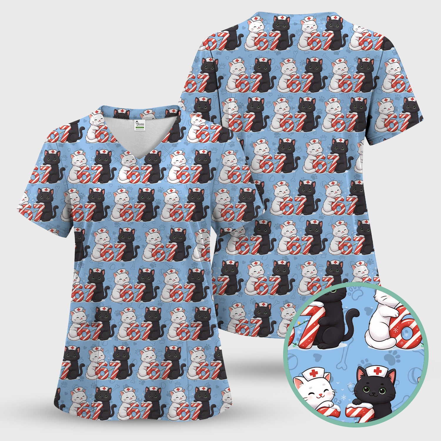 Xmas Cat Pattern Scrub Top, Christmas Nurse Six Seven With Cat Scrub Shirt, Breathable Fabrics Nursing Uniform