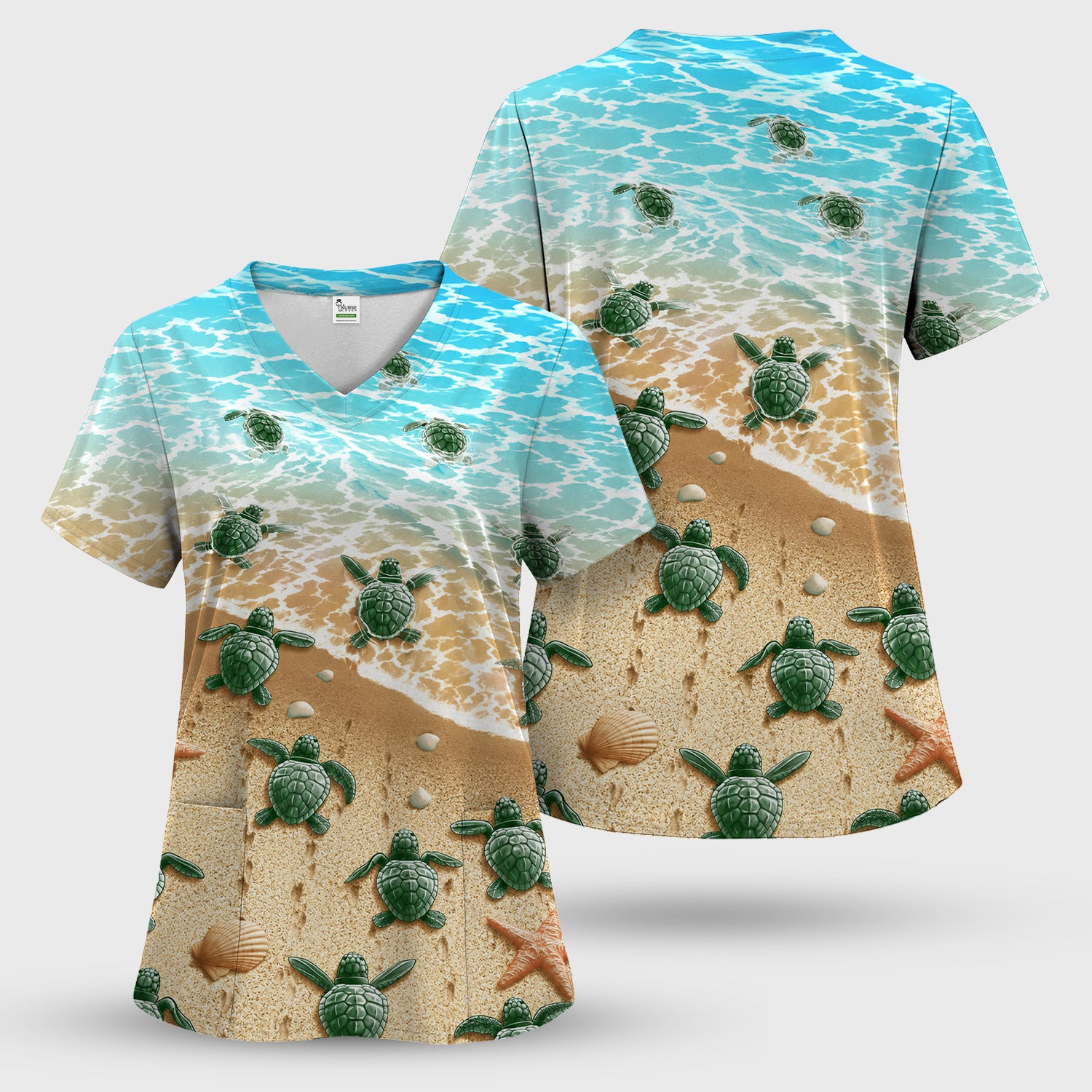 Coastal Sea Turtle Beach Pattern Scrub Top, Comfortable Scrubs for Nurses