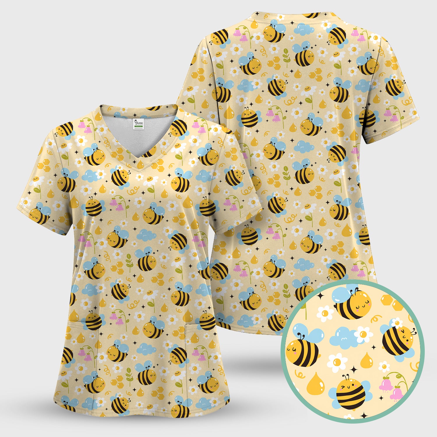 Honey Bee Flower Cloud Pattern Scrub Set, Scrub Pants and V Neck Top