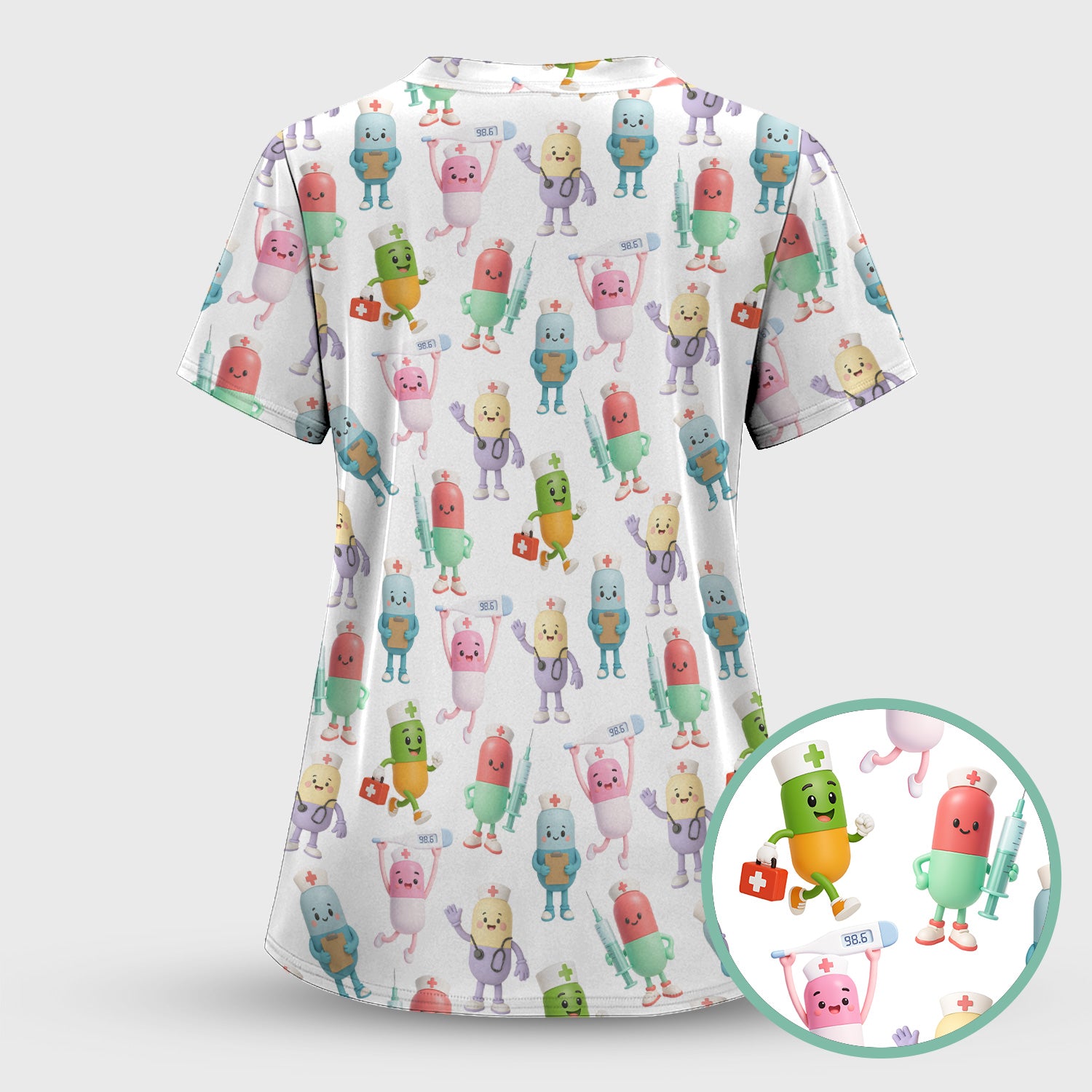 Funny Pharmacist Pill Scrub Top - Cute Cartoon Capsule Characters Design - Gift for RN LPN Healthcare Workers