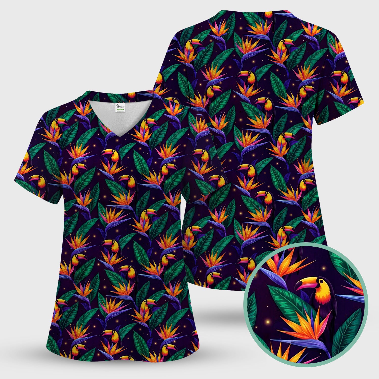 Tropical Toucan Bird Paradise Leaves Pattern Scrub Set, Scrub Pants and V Neck Top