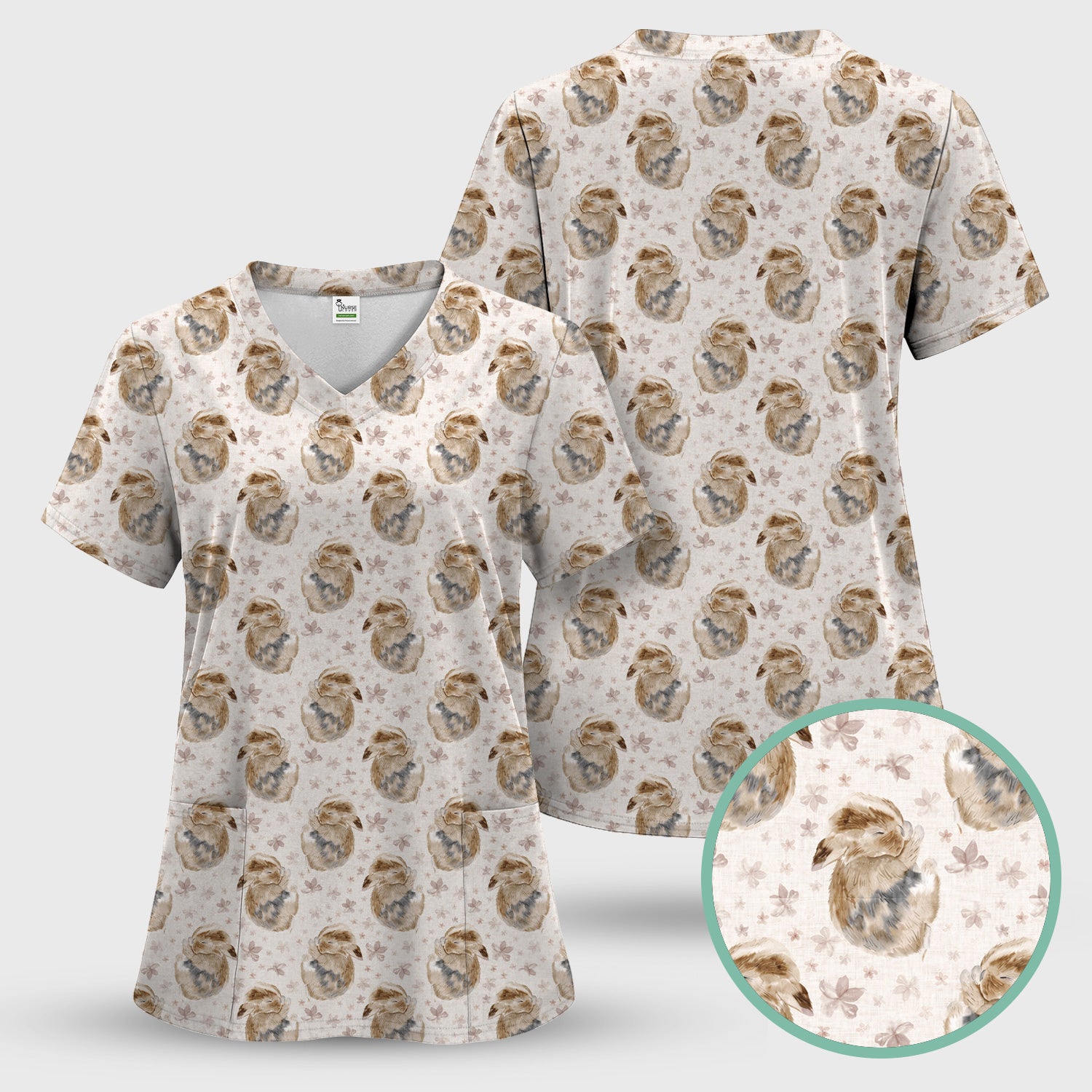 Cute Sleeping Bunny Floral Meadow Pattern Nurse Scrub Set, Scrub Pants and V Neck Top