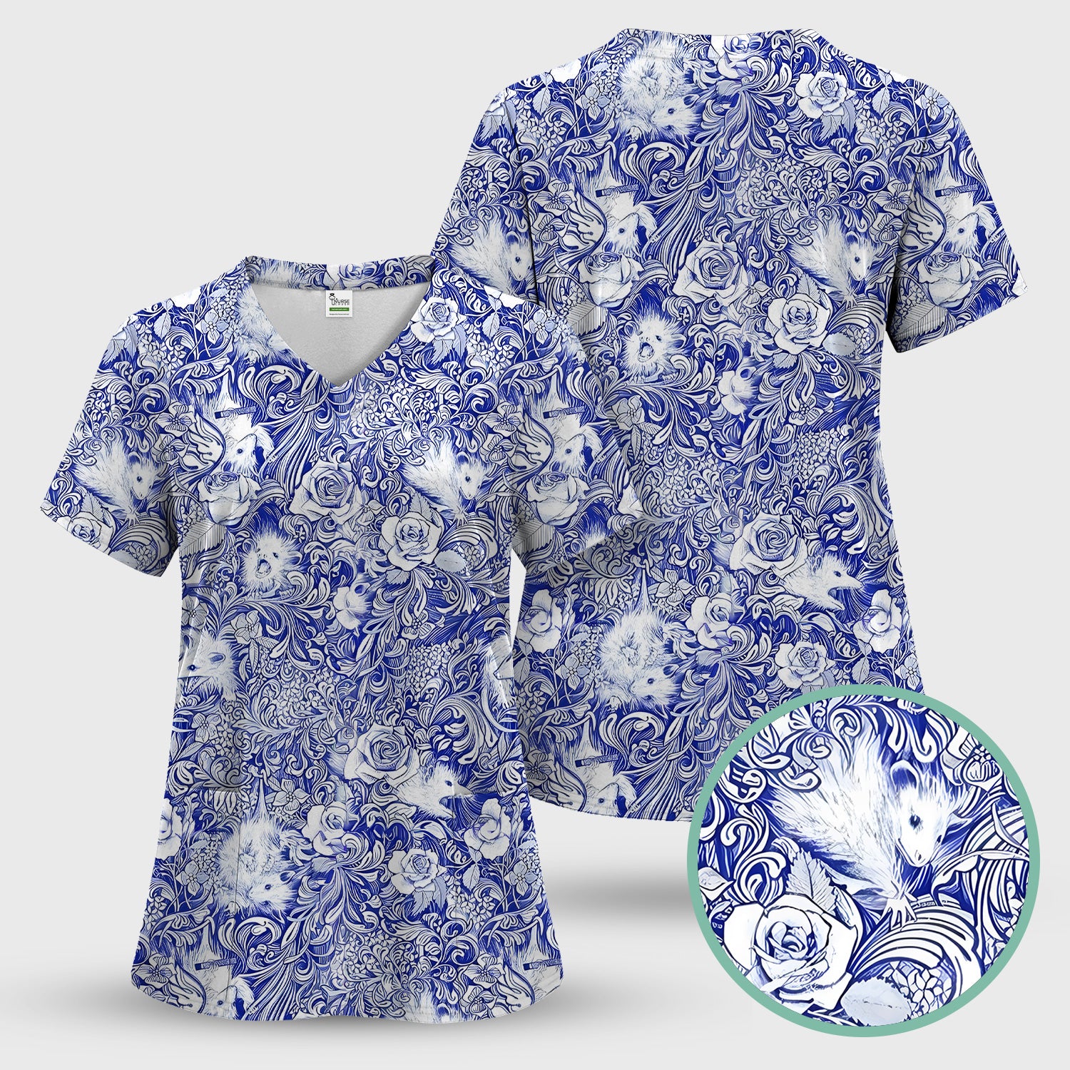 Blue Toile Porcupine Floral Pattern Scrub Set, Scrub Pants and V Neck Top