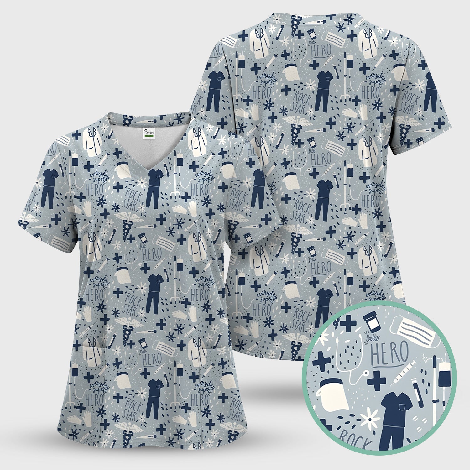 Inspirational Healthcare Hero Medical Tools Nurse Pattern Scrub Set, Scrub Pants and V Neck Top