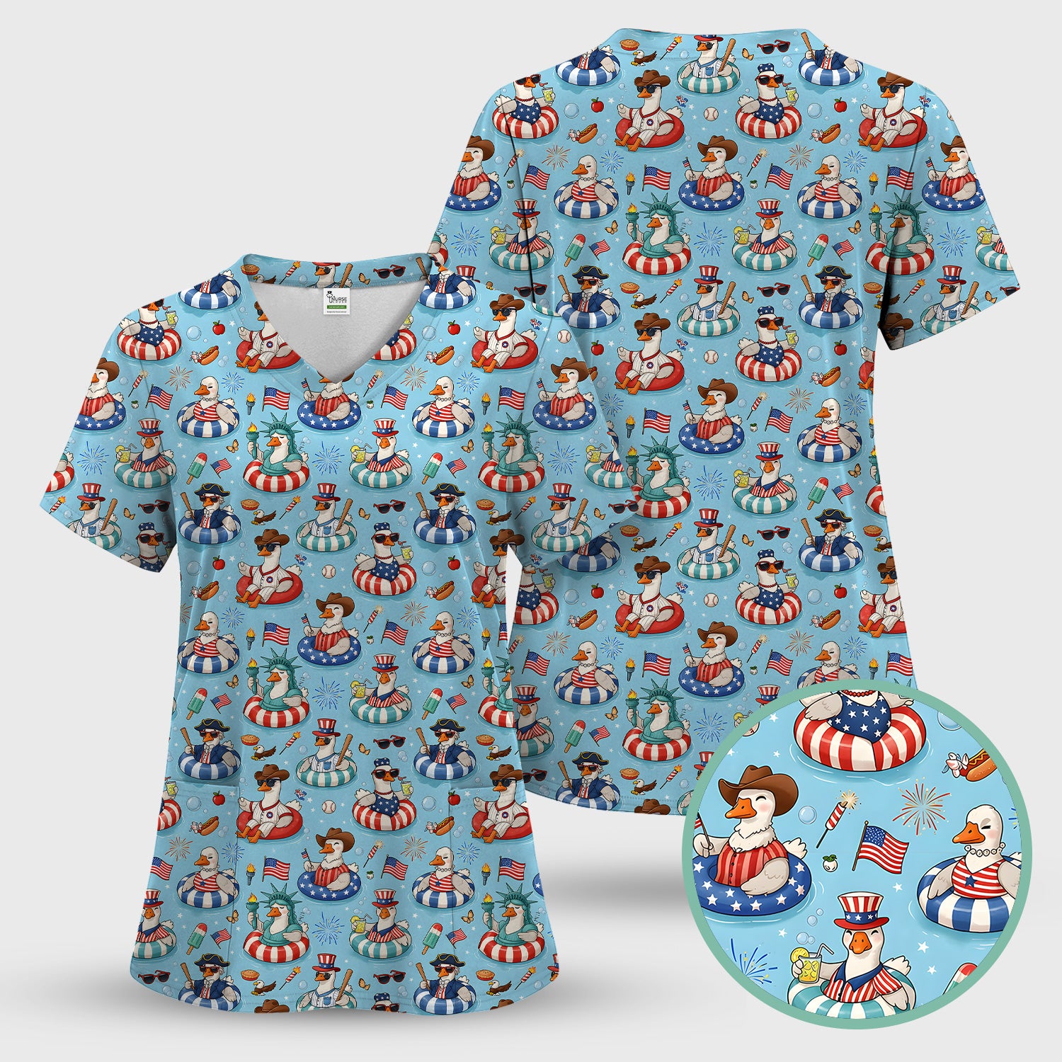 Funny Patriotic Duck Pool Party Pattern Scrub Set, Scrub Pants and V Neck Top