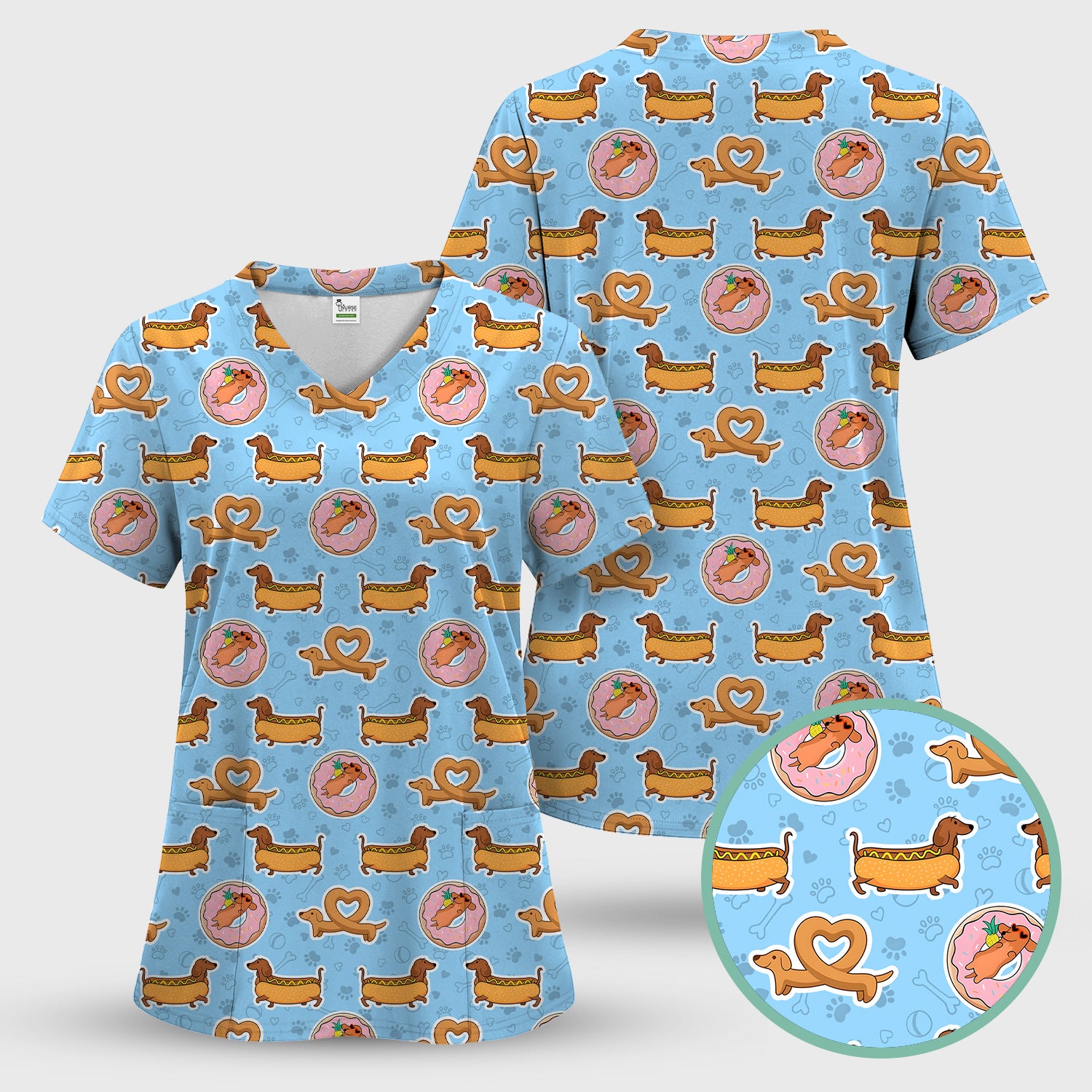Cute Dachshund Donut Heart Pattern Scrub Set, Scrub Pants and V Neck Top