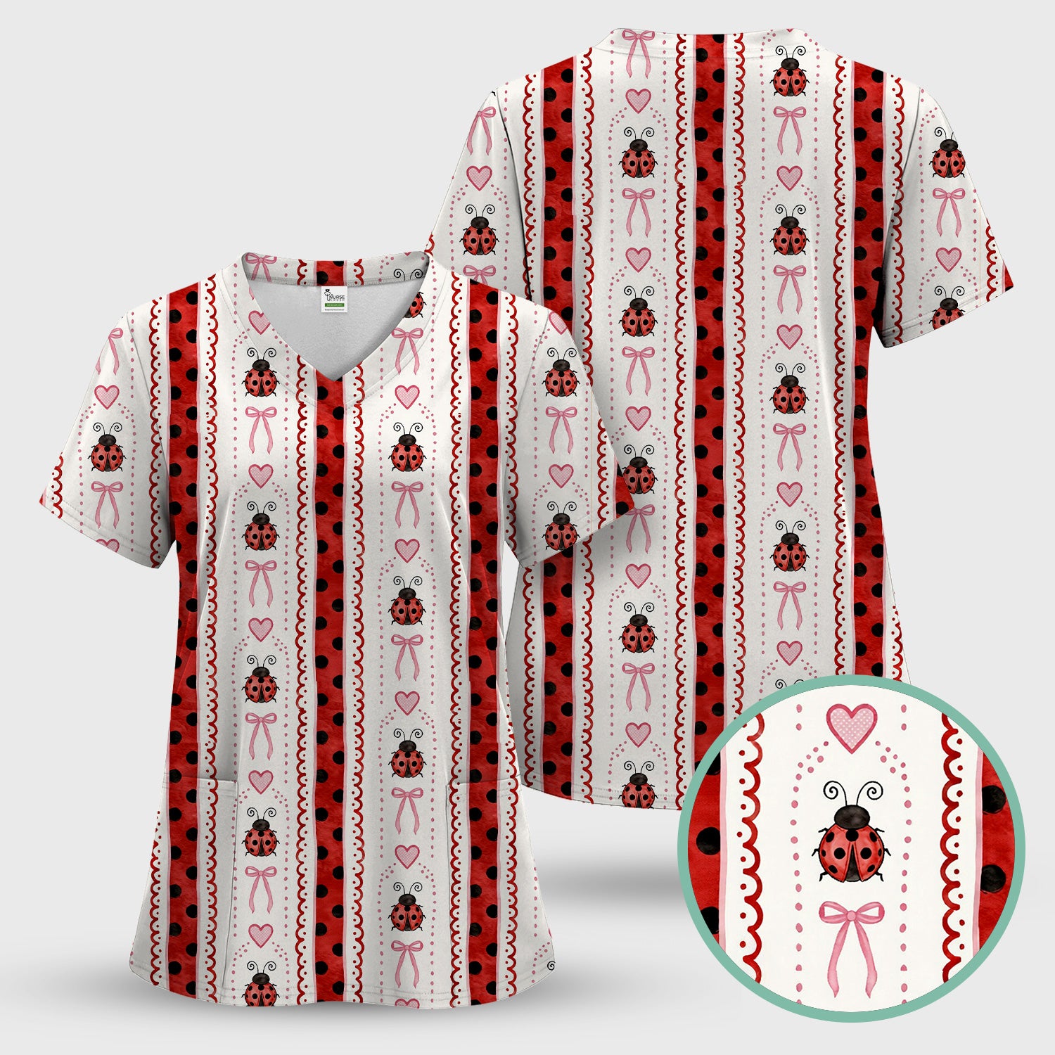 Cute Ladybug Heart Bow Stripe Pattern Scrub Top, Red Polka Dot Nurse Uniform