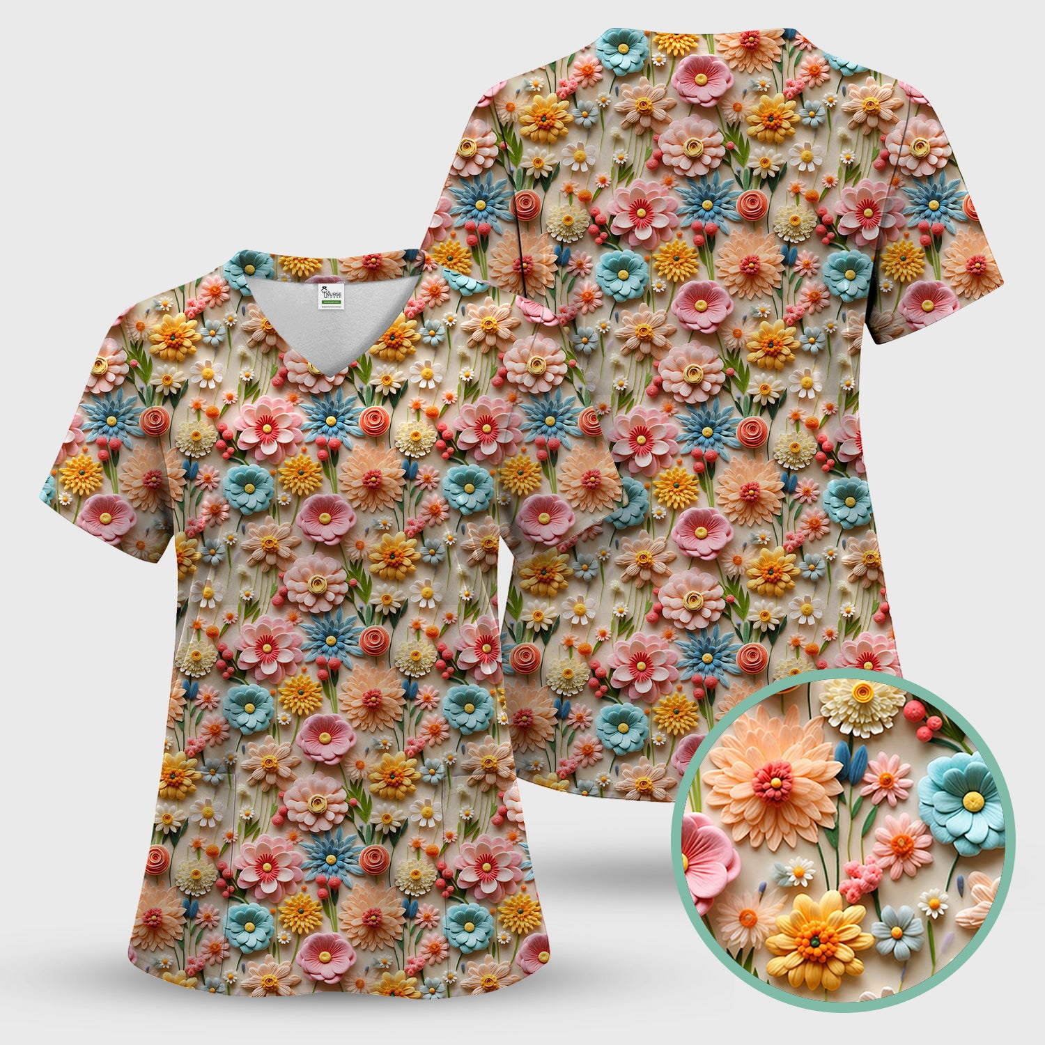 Colorful Blooming Wildflower Pattern Scrub Set, Scrub Pants and V Neck Top