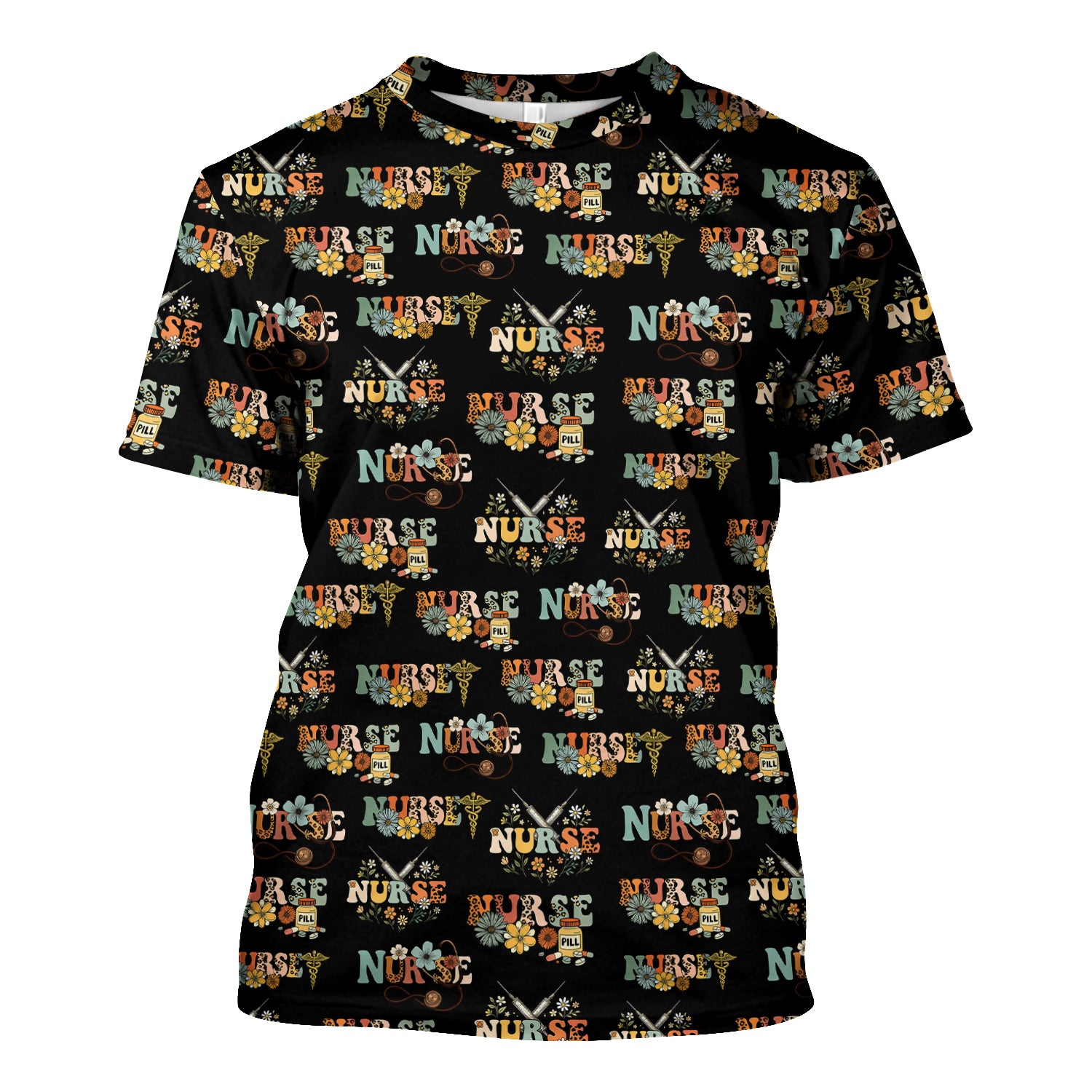 Personalized Funny Nurse Scrub Top - Medical Uniform with Flowers Stethoscope and Pills - Gift for RN LPN CNA Women