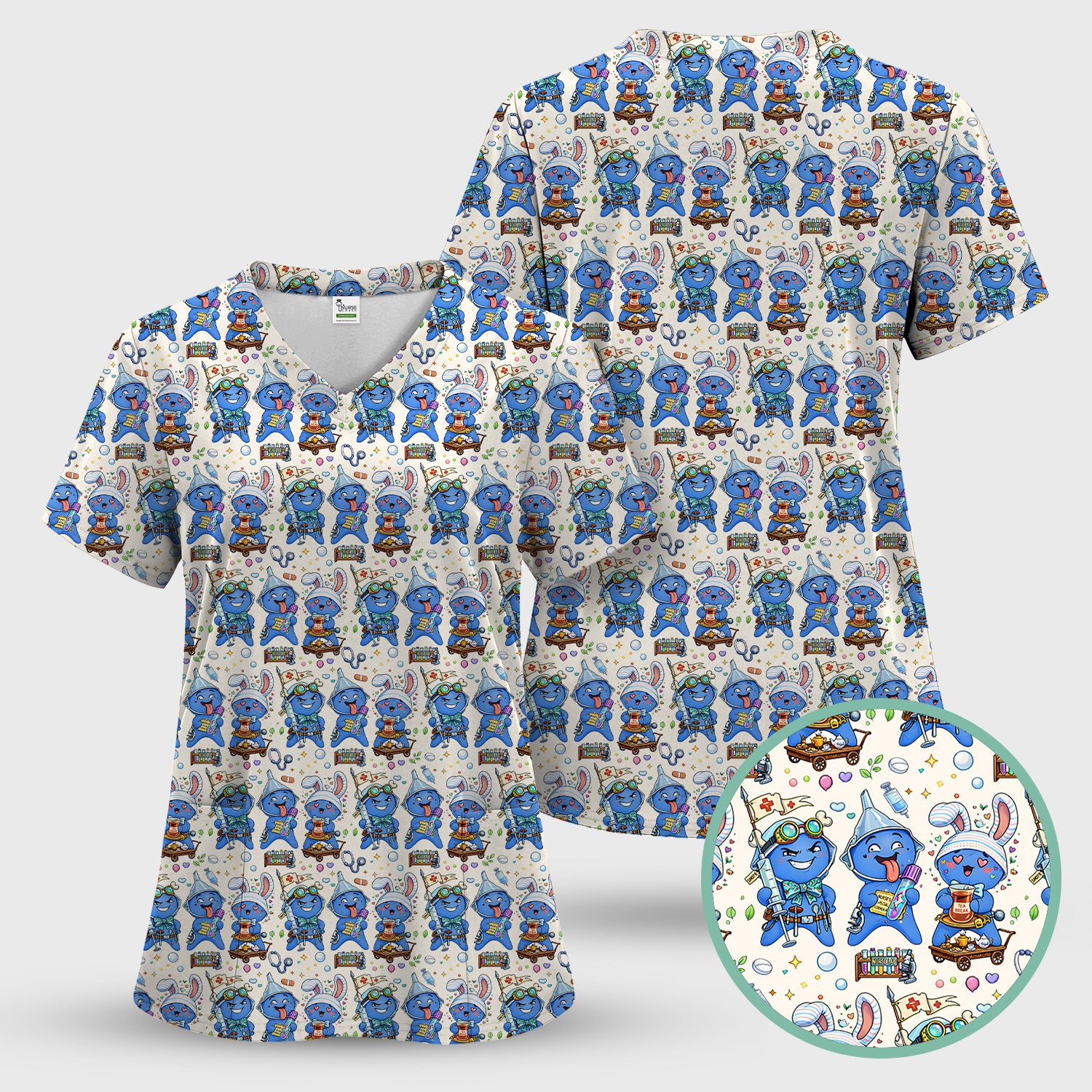 Cute Glove Doll Hospital Medical Cartoon Nurse Pattern Scrub Set, Women's Scrub Sets