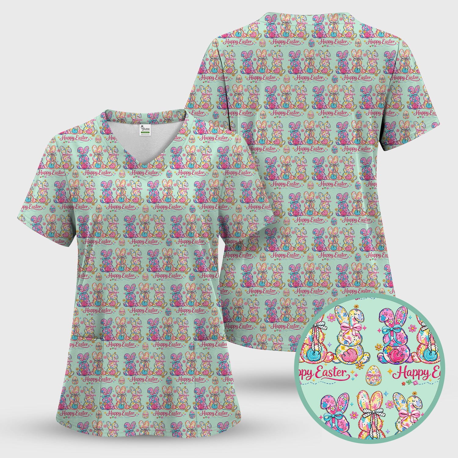 Pink Happy Easter Bunny Pattern Scrub Set, Scrub Pants and V Neck Top