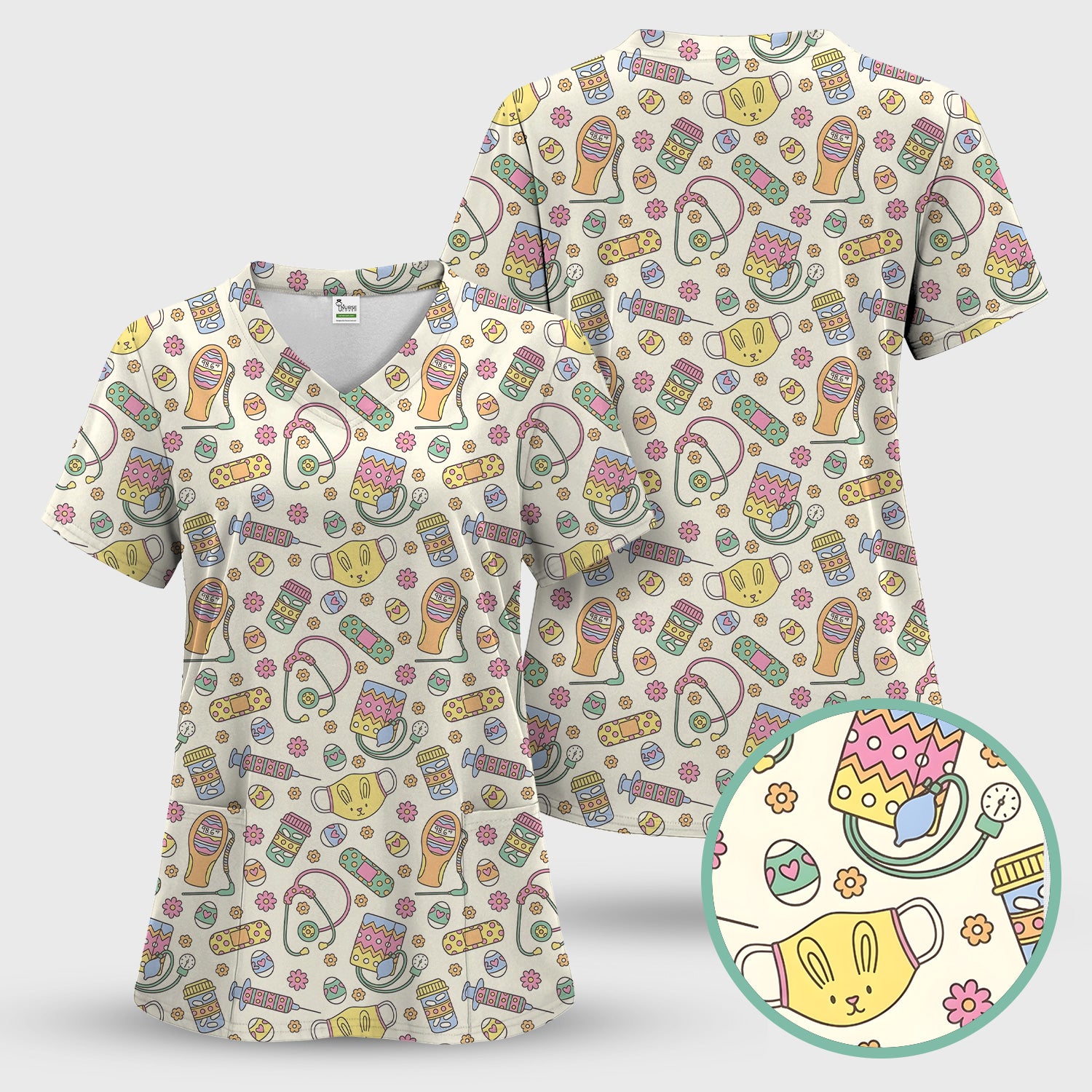 Easter Nurse Bunny Medical Pattern Scrub Top, Breathable Fabrics Nursing Uniform
