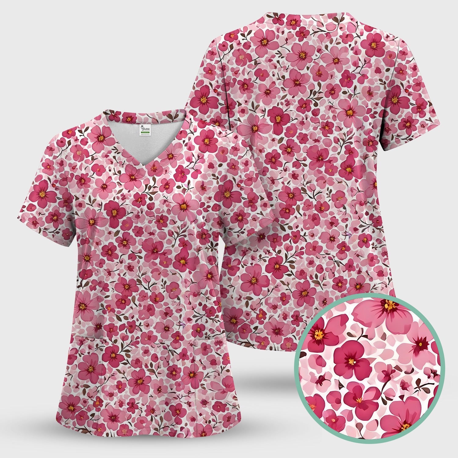 Pink Cherry Blossom Floral Pattern Scrub Top, Comfortable Scrubs for Nurses