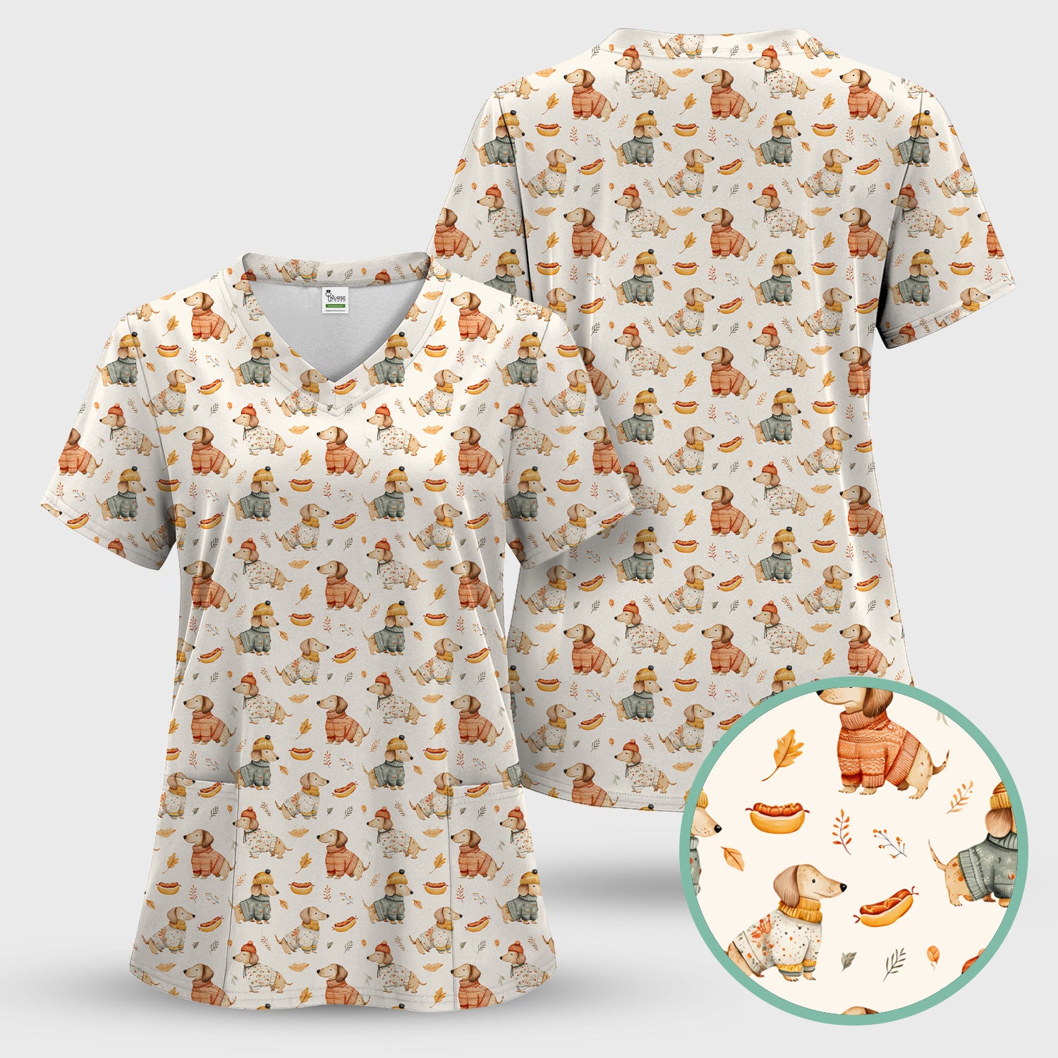 Autumn Dachshund Dog Sweater Print Scrub Top, Comfortable Scrubs for Nurses