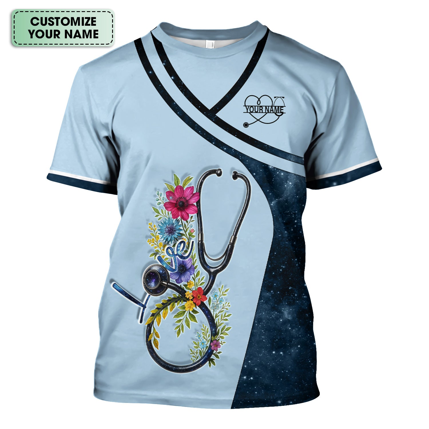 Personalized Nurse Love T-Shirt - Floral Stethoscope Galaxy Design - Custom Gift for RN LPN CNA Healthcare Workers