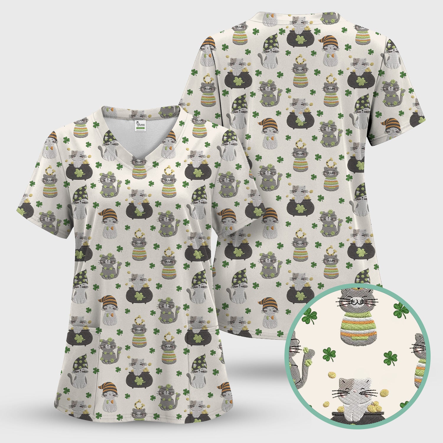 St. Patrick’s Day Scrub Top, Lucky Cat With Shamrock Pattern Shirt, Breathable Fabrics Nursing Uniform