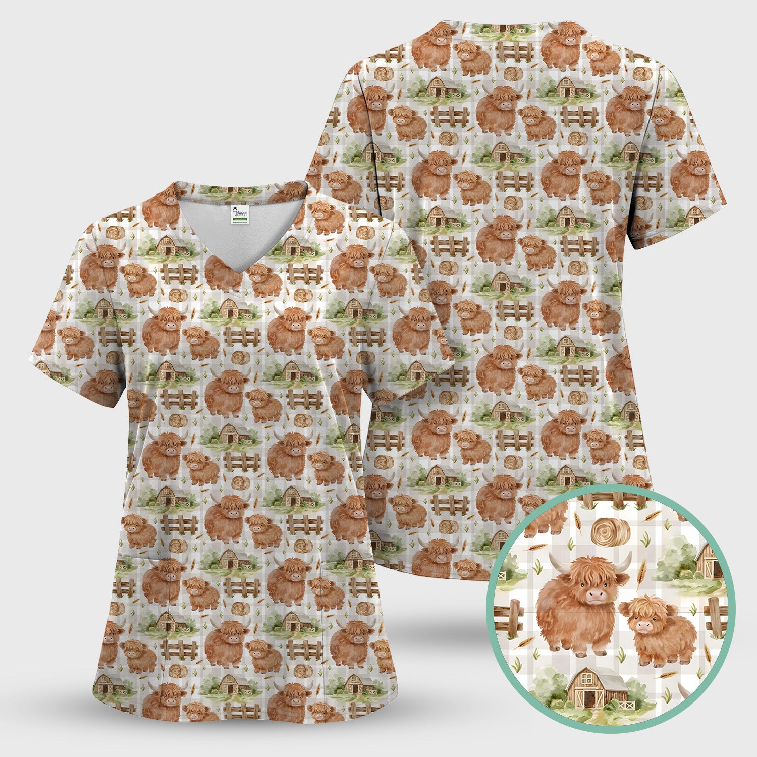 Cute Highland Cow With Farm Barn Fence Scrub Top, Comfortable Scrubs for Nurses