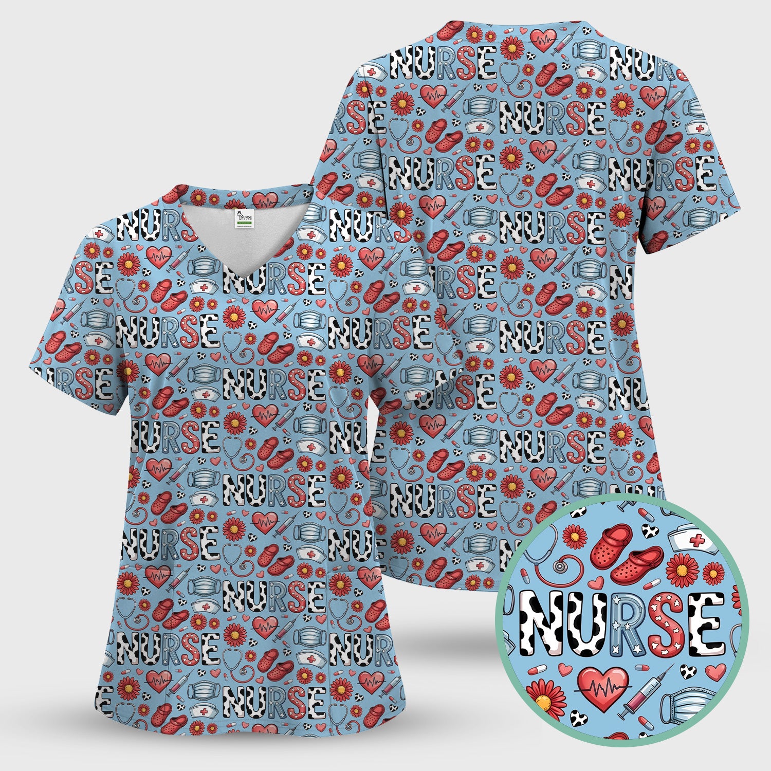 Cute Nurse Medical Icon Pattern Scrub Set, Scrub Pants and V Neck Top