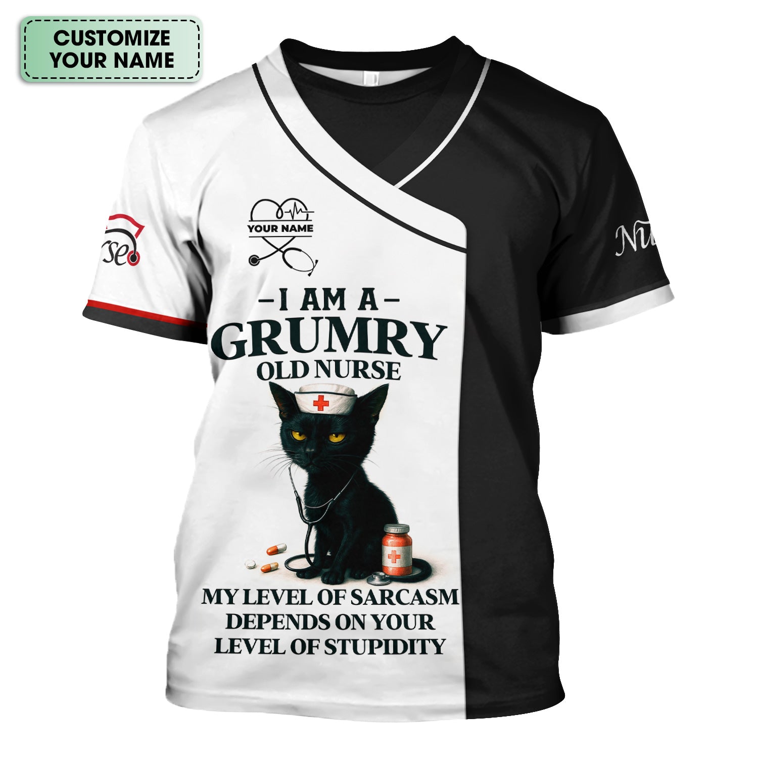Grumpy Old Nurse Scrub Shirt with Sarcastic Black Cat Design - I Am a Nurse Of Course I'm Grumpy Quote - Gift for RN CNA LPN Healthcare Workers