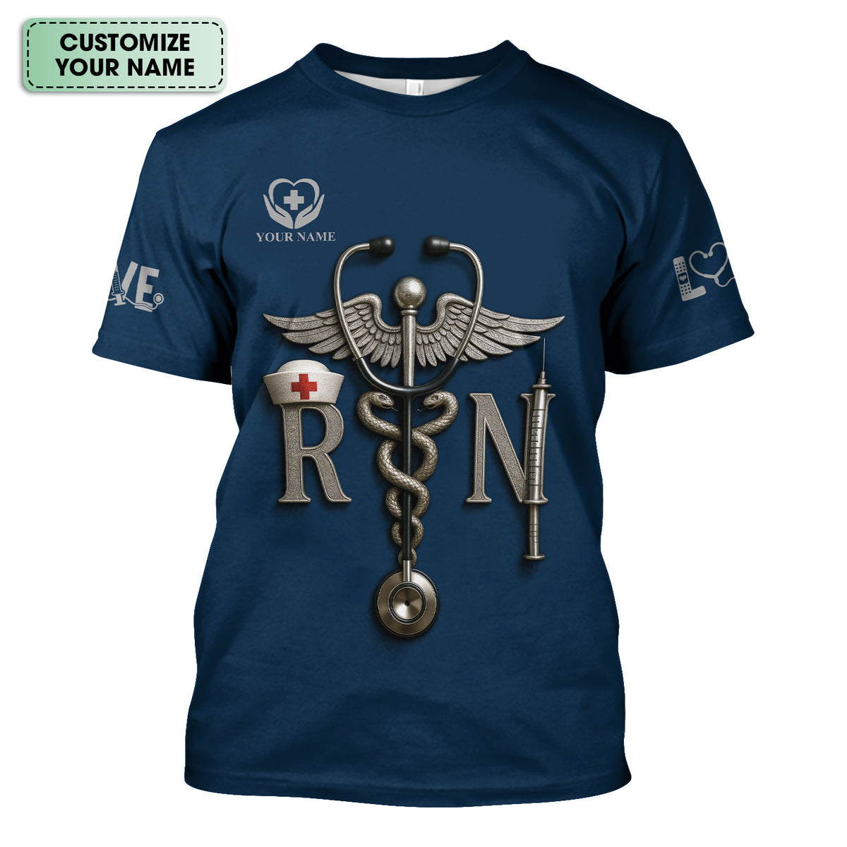 Personalized RN Nurse Shirt - Caduceus & Syringe Graphic - Custom Gift with Multiple Color Options for CNA LPN Medical Staff