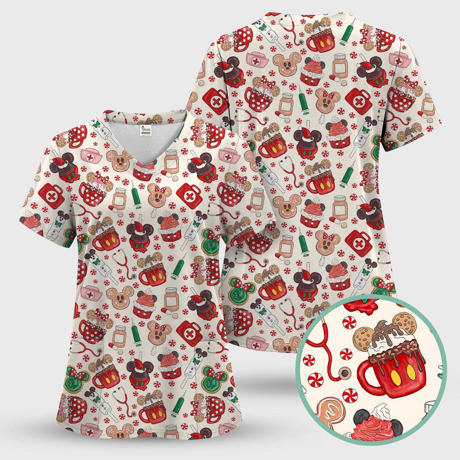 Christmas Scrub Top for Nurses - Cute Gingerbread Cupcake Candy Medical Shirt - Xmas Holiday Uniform for Women RN CNA LPN