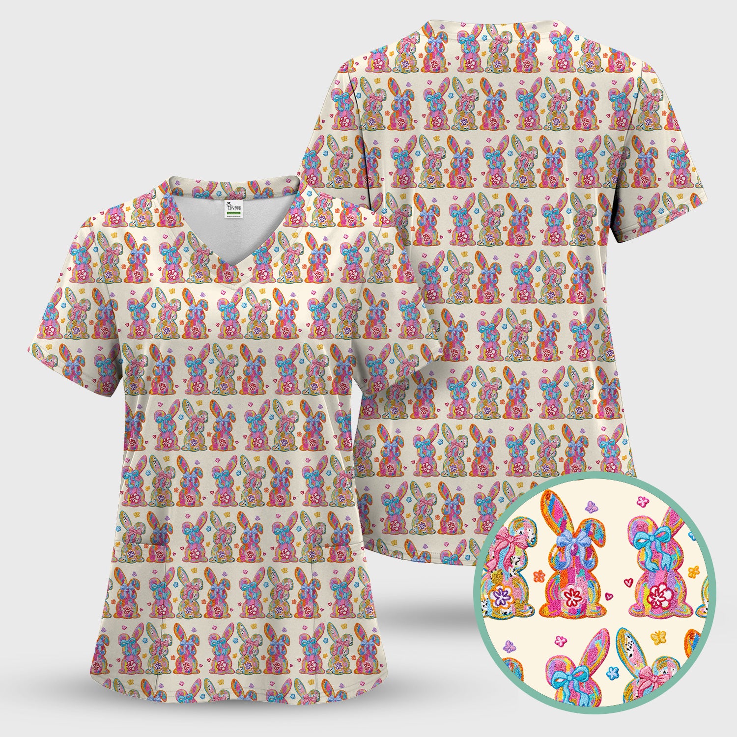 Cute Pastel Bunny Floral Pattern Scrub Top, Comfortable Scrubs for Nurses, Easter