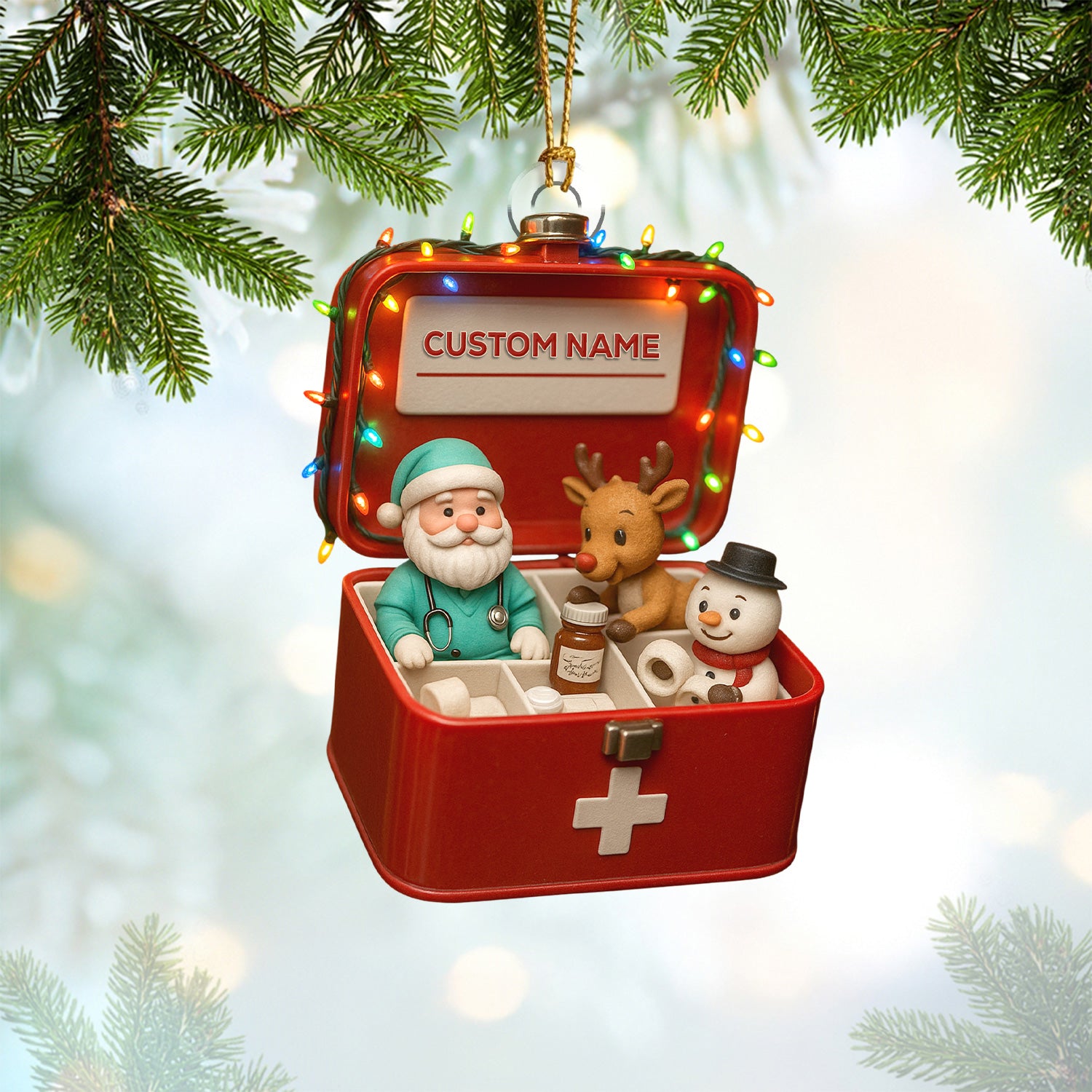 Personalized First Aid Christmas Tree Ornament – Custom Name Medical Santa & Reindeer Holiday Box Decor – Cute Nurse Doctor Ornament for Healthcare Workers