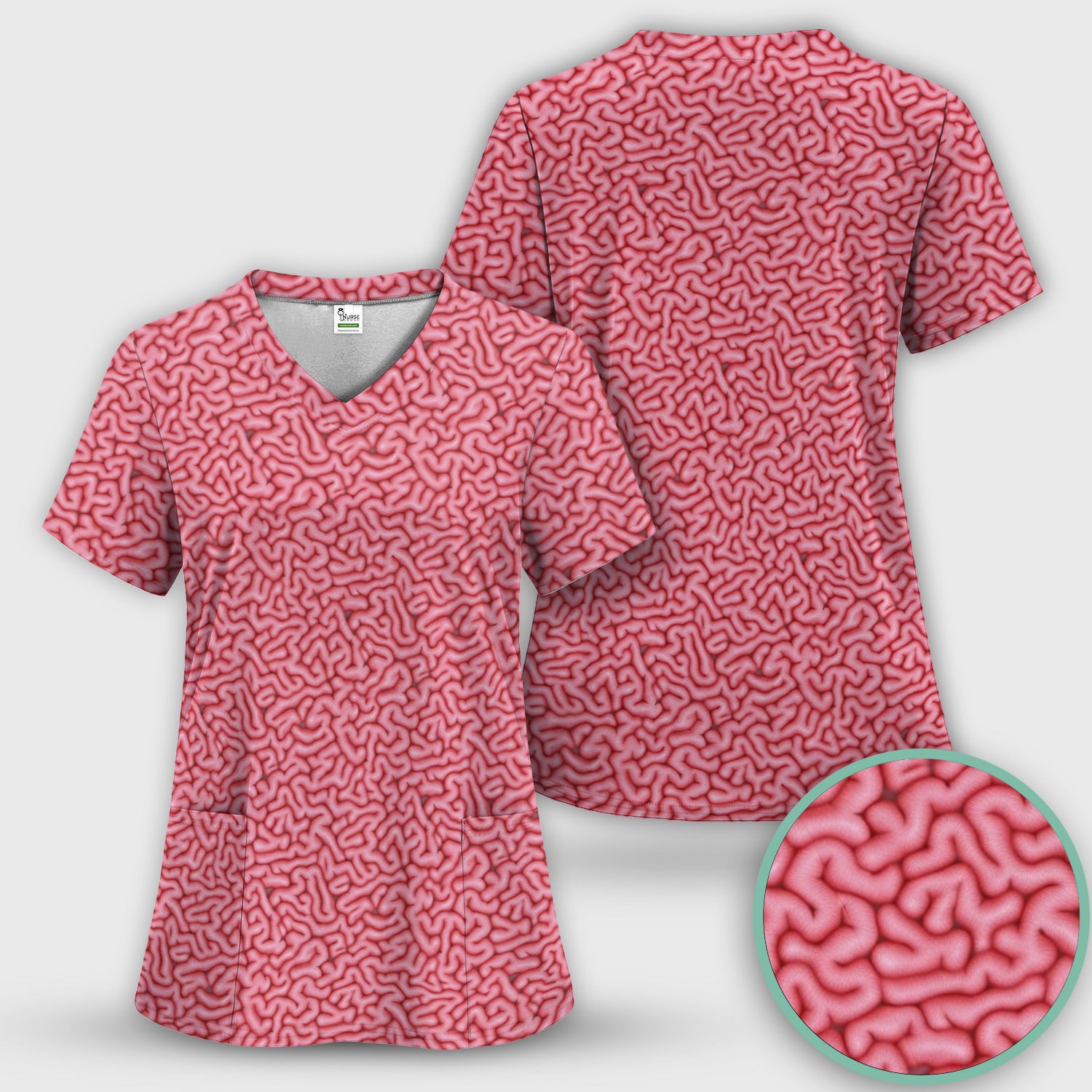 Pink Brain Anatomy Pattern Scrubs Top, Comfortable Scrubs for Nurses
