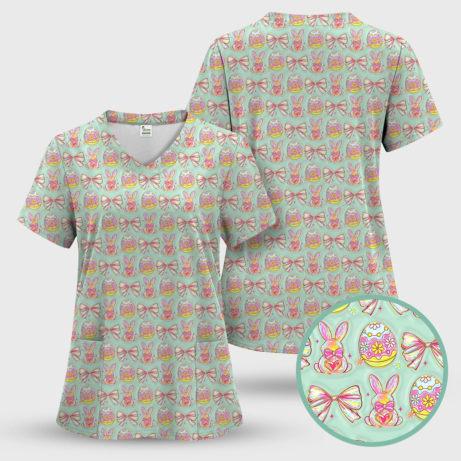 Easter Bunny Pastel Egg Bow Pattern Scrub Top, Breathable Fabrics Nursing Uniform