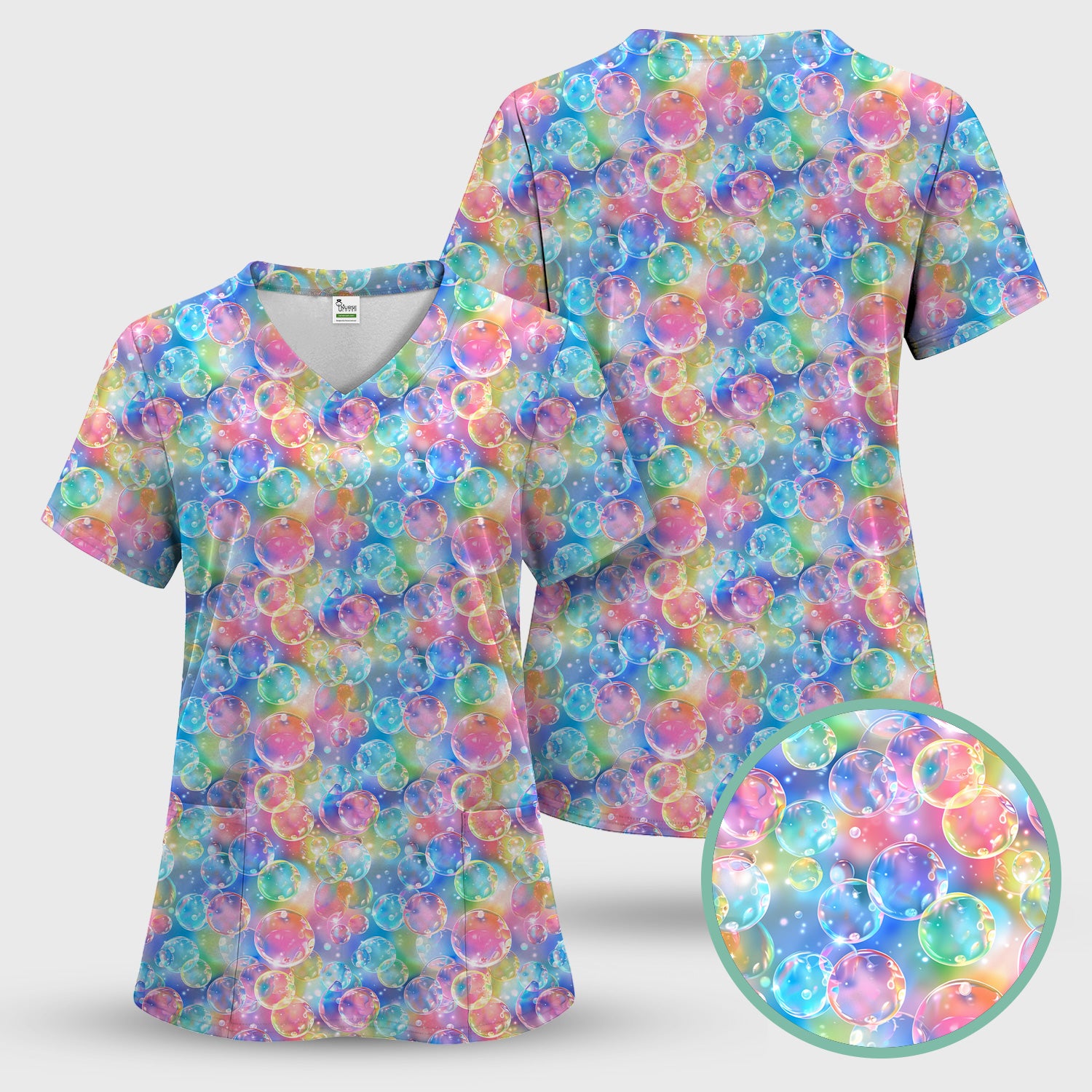 Colorful Floating Soap Bubble Pattern Scrub Top, Breathable Fabrics Nursing Uniform