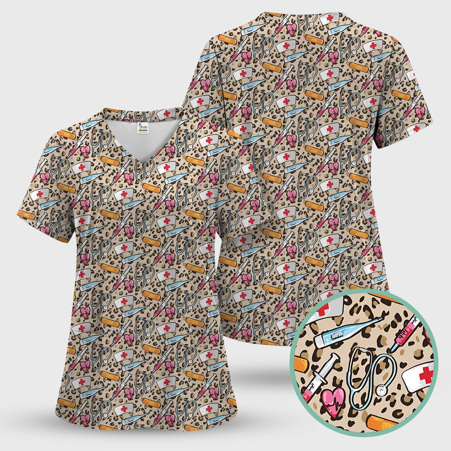 Leopard Medical Tools Pink Heart Print Scrub Top, Comfortable Scrubs for Nurses