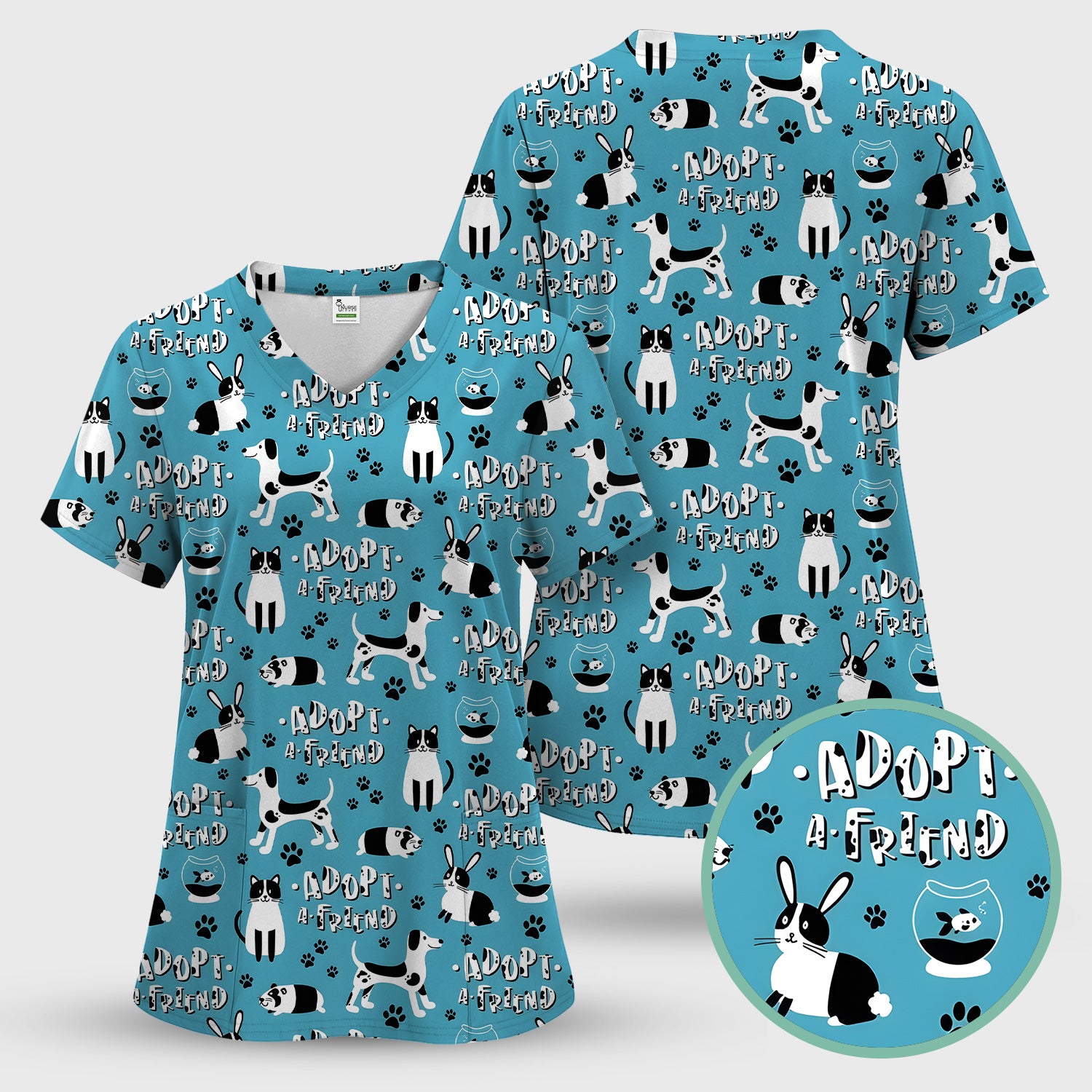 Cute Adopt A Friend Pet Pattern Scrub Set, Scrub Pants and V Neck Top