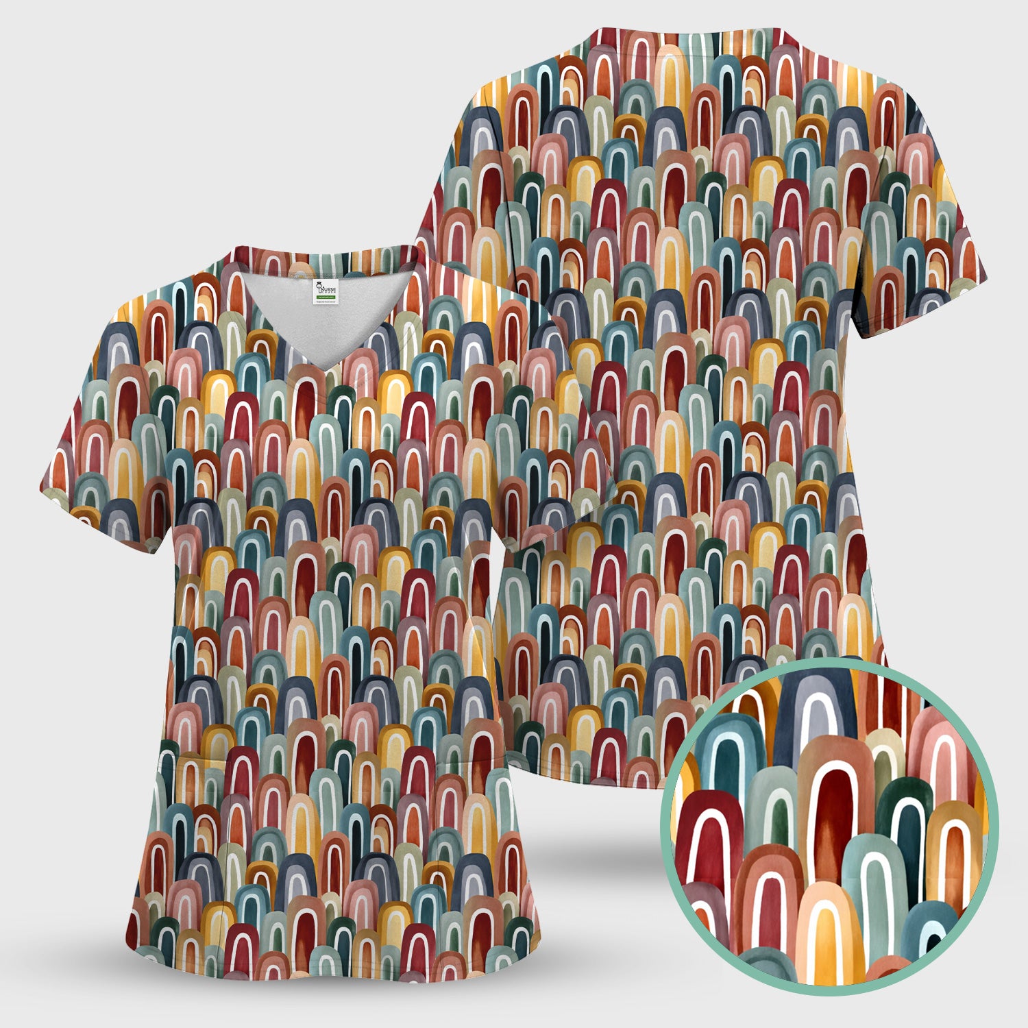 Retro Boho Rainbow Arch Pattern Scrub Top, Colorful Geometric Nursing Uniform for Women